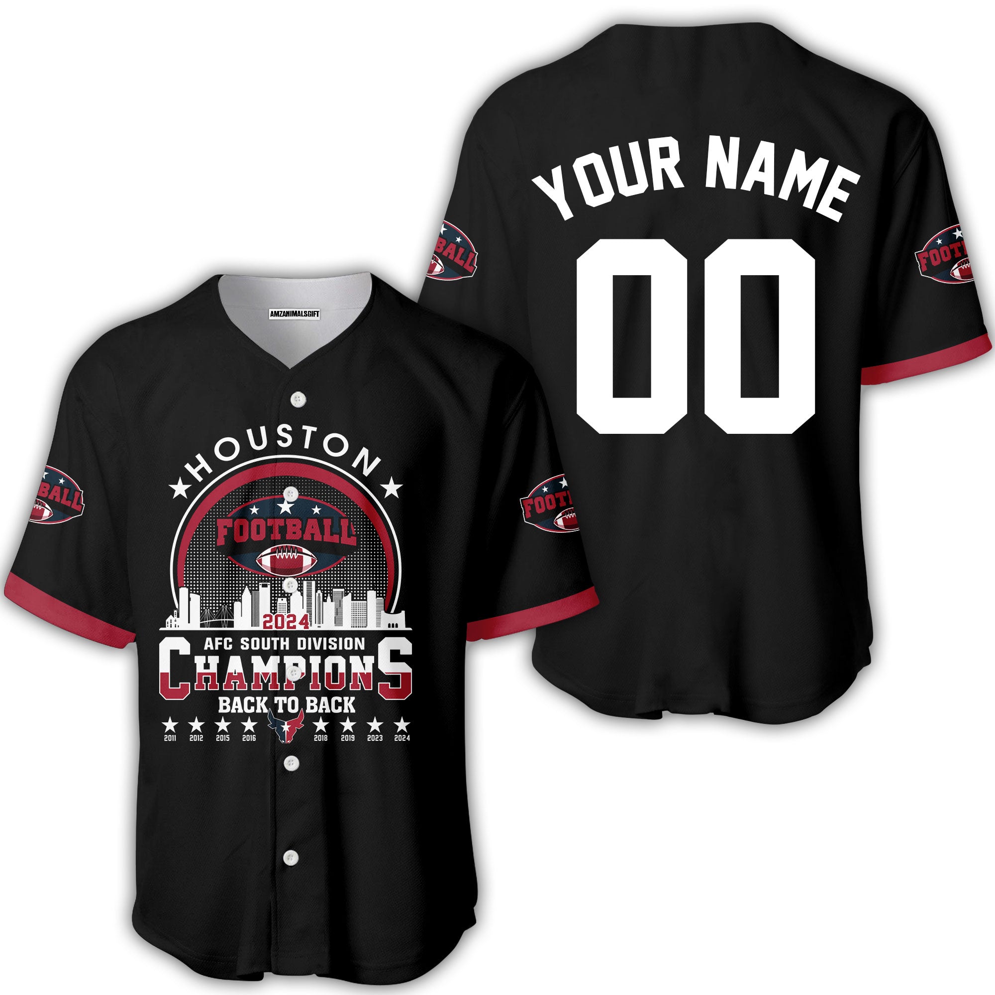 Houston American Football 2024 AFC South Skyline Custom Baseball Jersey, Custom Houston Football Skyline Division Champion Baseball Jersey