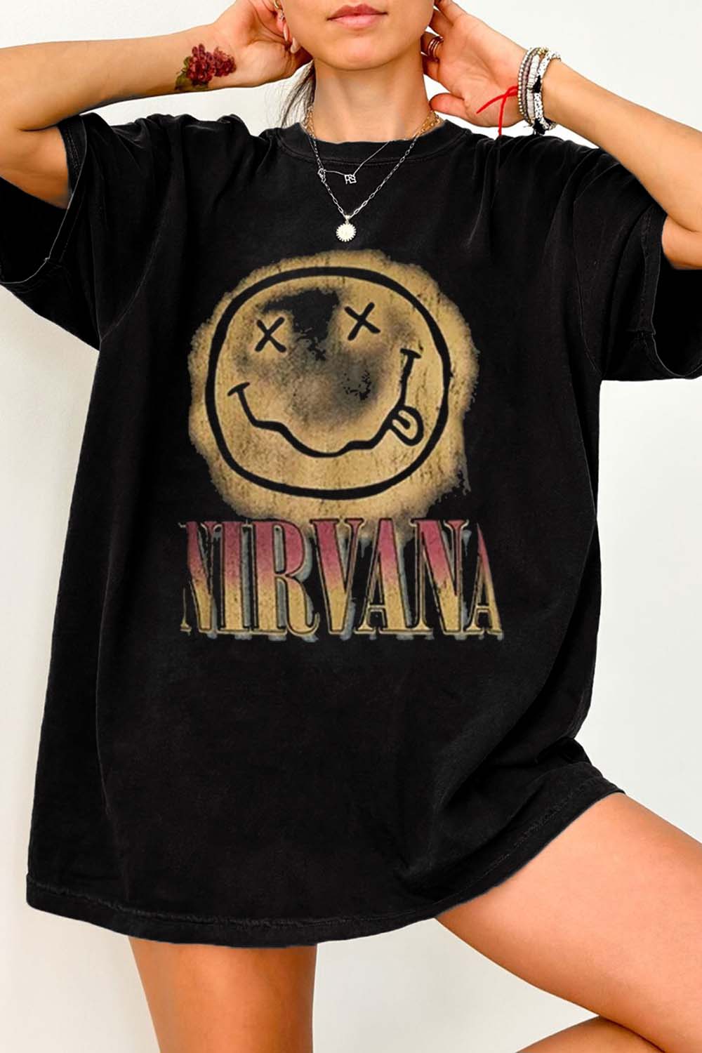 New Nirvana & Big Gradient Smile Face Graphic Band Tee For Women