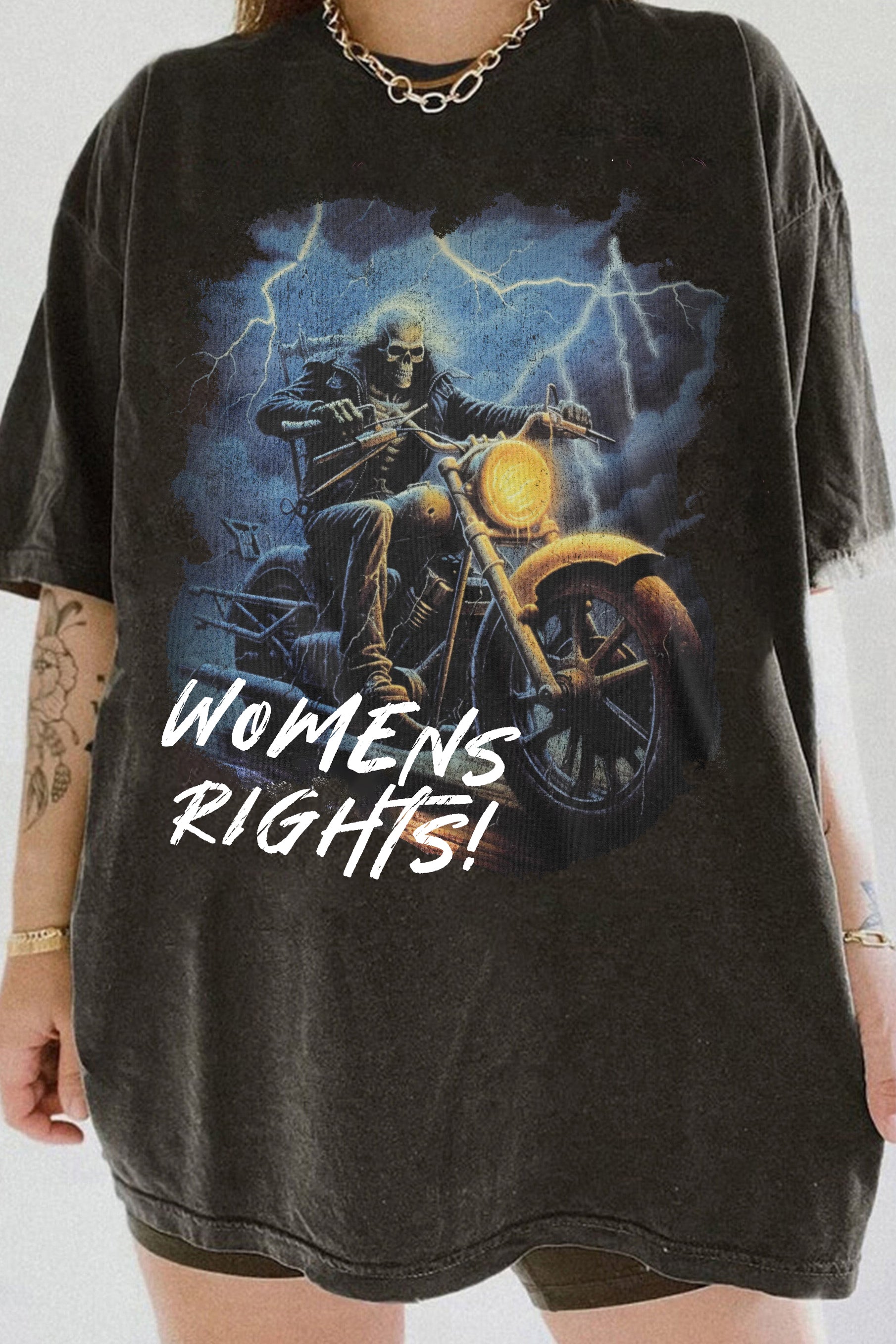 New Womens Rights Skeleton Riding A Motorcycle Through Lightning Tee For Women