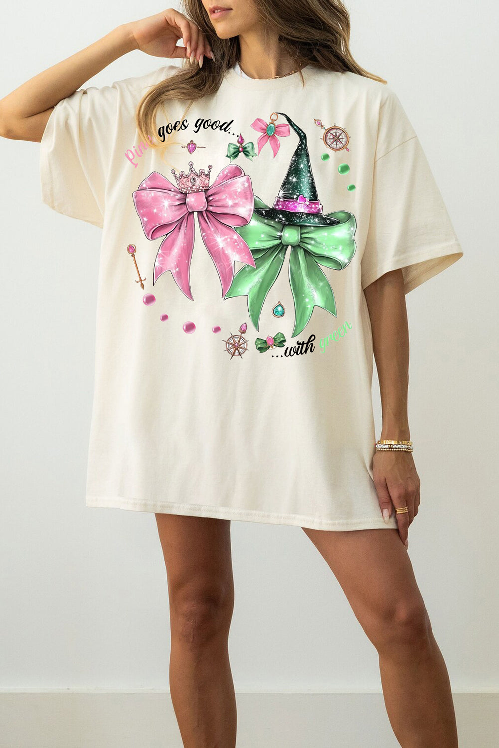 New Wicked Pink Goes Good With Green Defy Gravity Broomstick Magic Wand Tee For Women