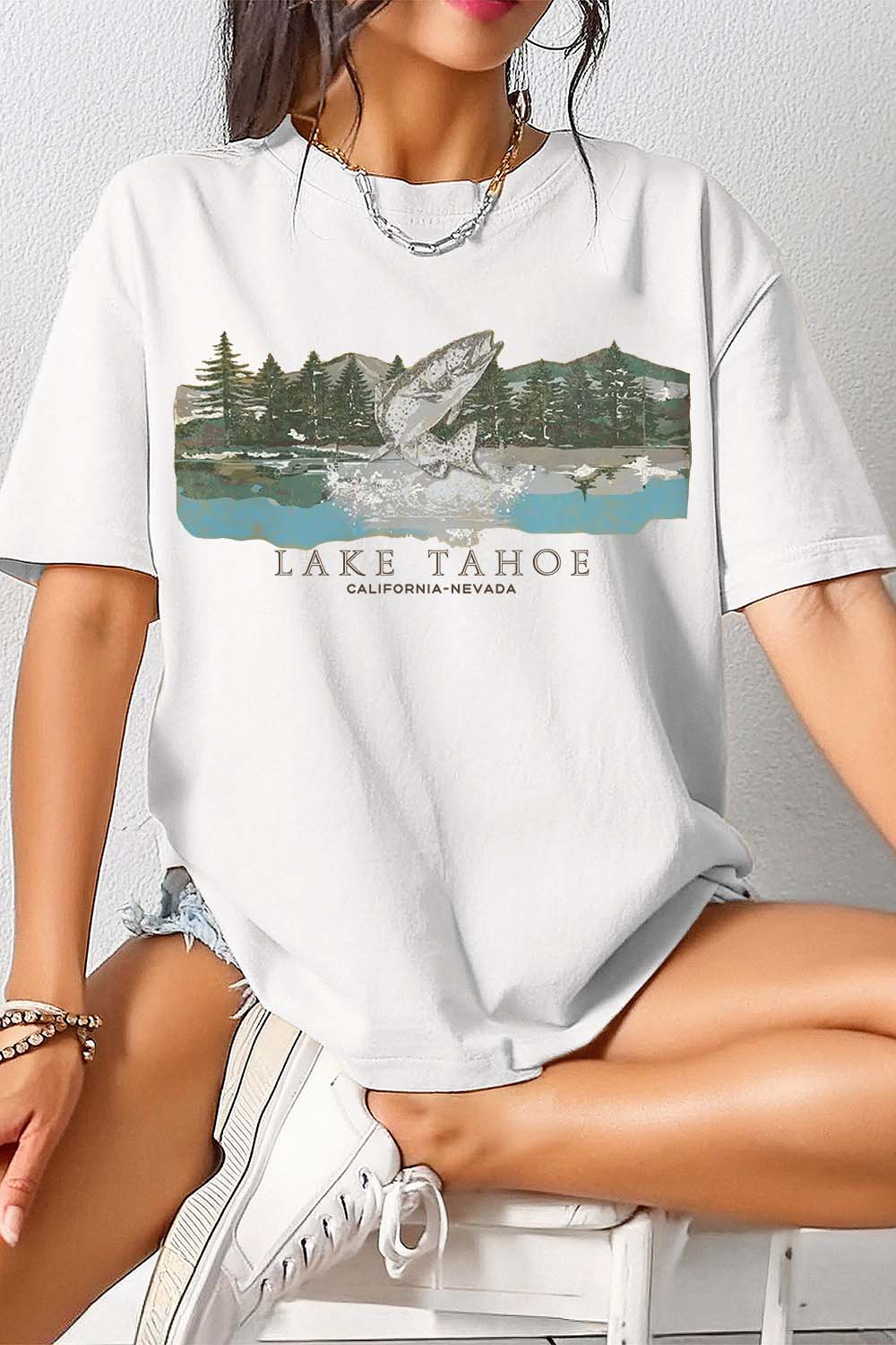 New Vintage Lake Tahoe Fish Tee For Women