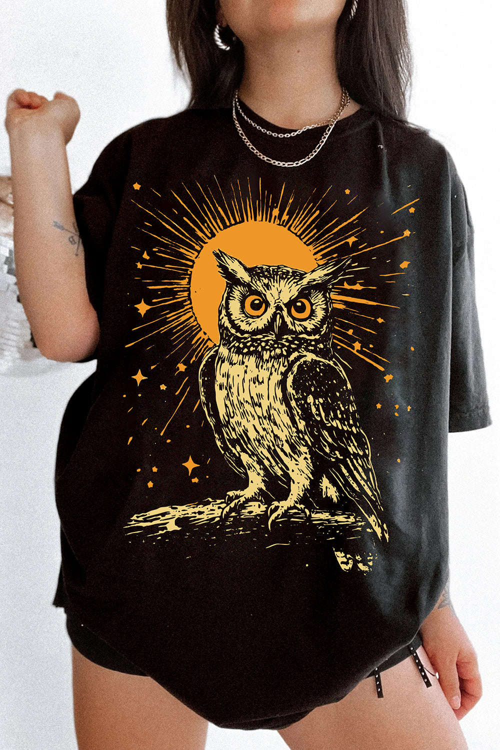 Vintage Celestial Owl Folklore Cosmic Enchanted Forest Tee For Women
