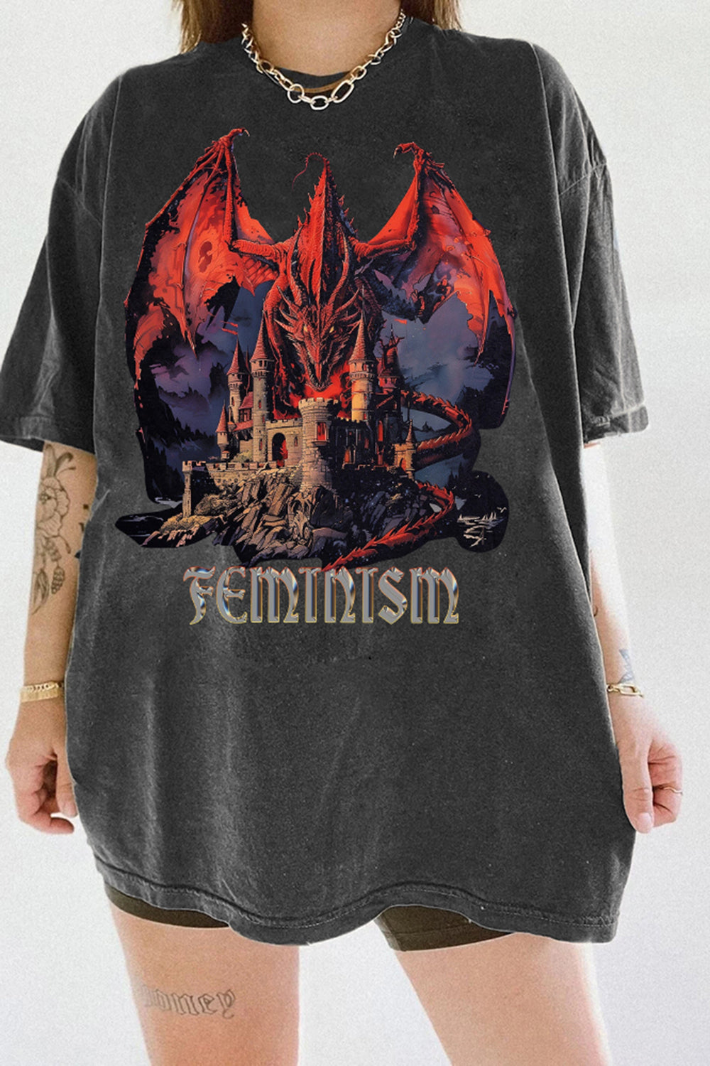 New Vintage 90s Feminism Dragon Fantasy Graphic Tee For Women