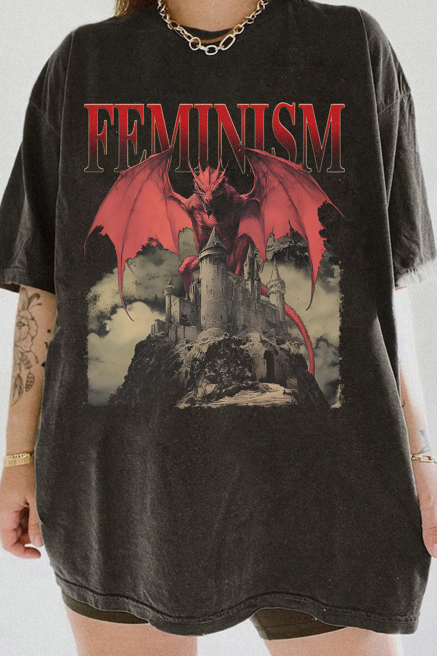 Vintage 90s Feminism Dragon Fantasy Tee For Women