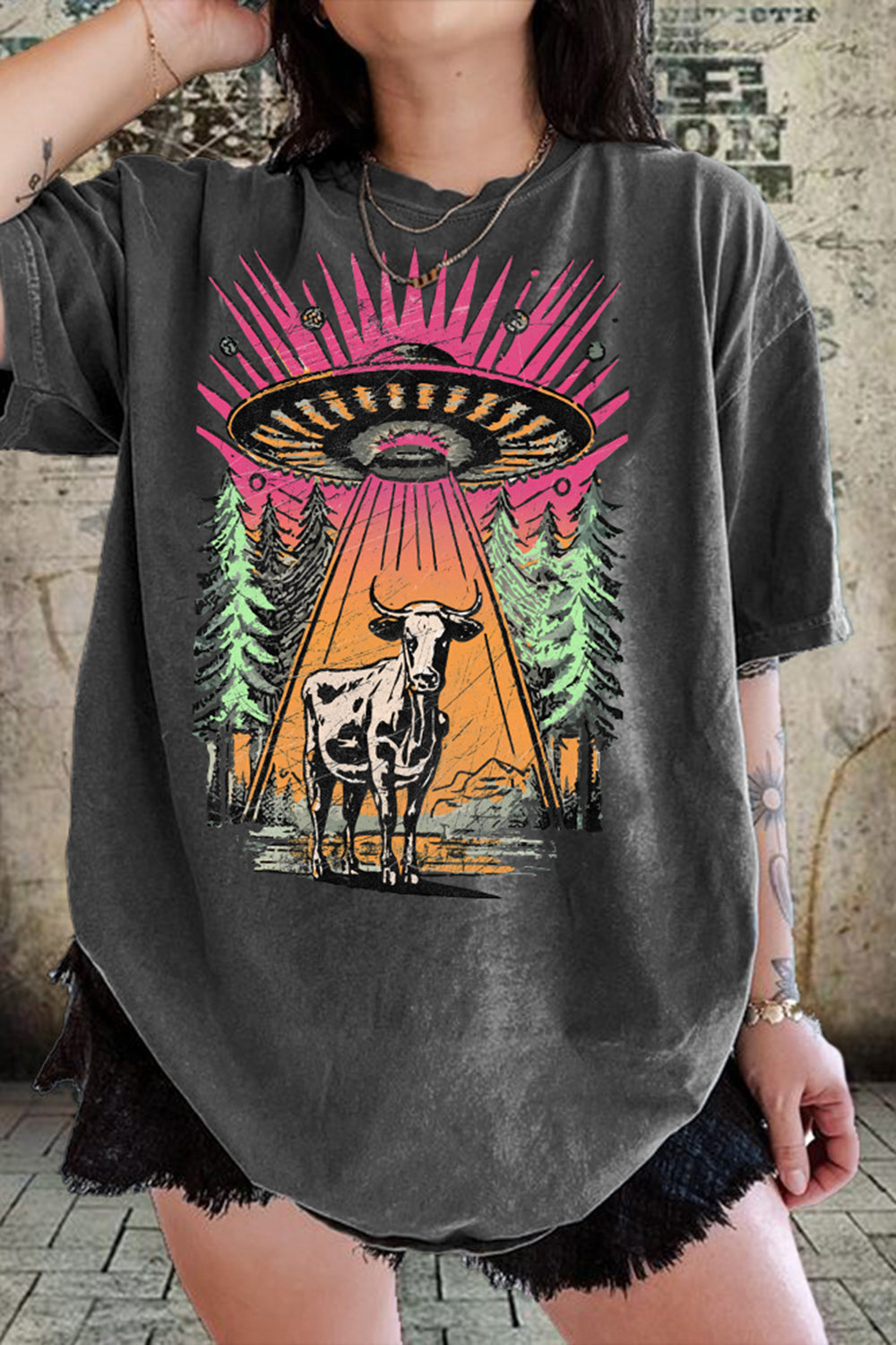 New UFO Cow Abduction Retro Graphic Alien Tee For Women