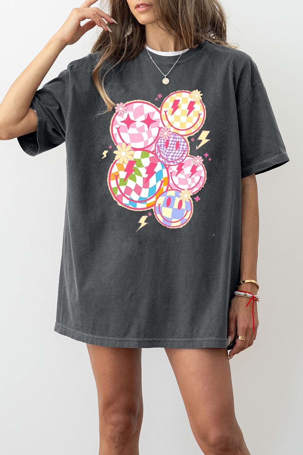 Trendy Checkered Smiley Face Tee For Women