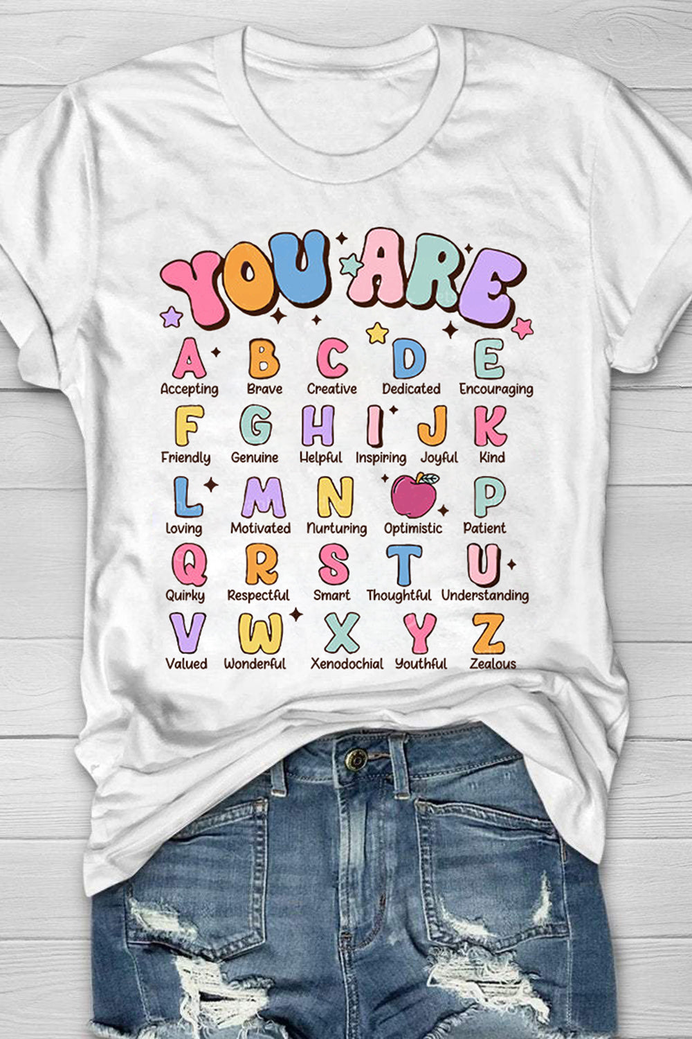 New Teacher Affirmation Alphabet Positivity Teaching Back To School Tee For Women