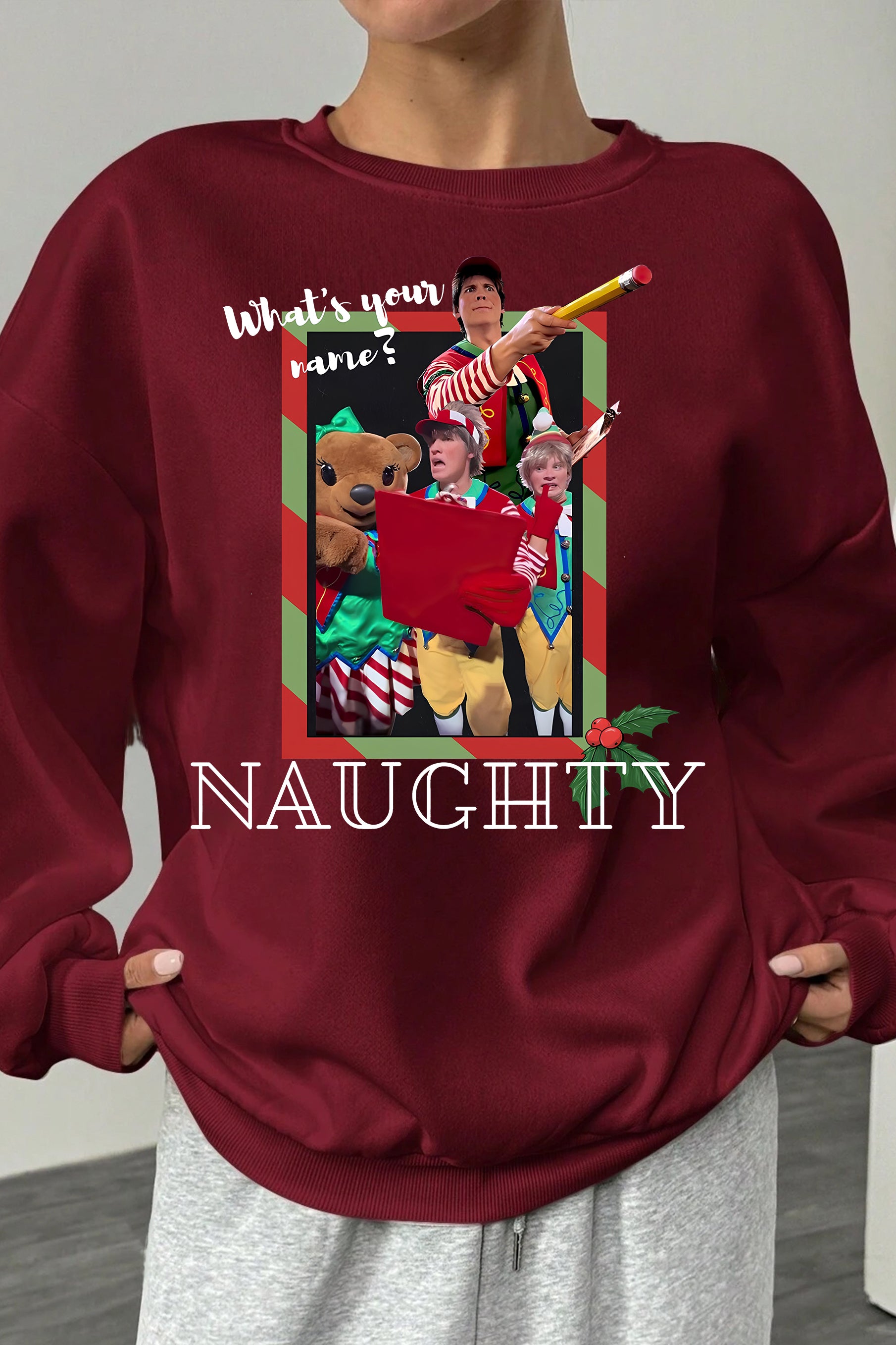 New Tally The Elf Santa What’s Your Name Naughty Fleece Sweatshirt For Women