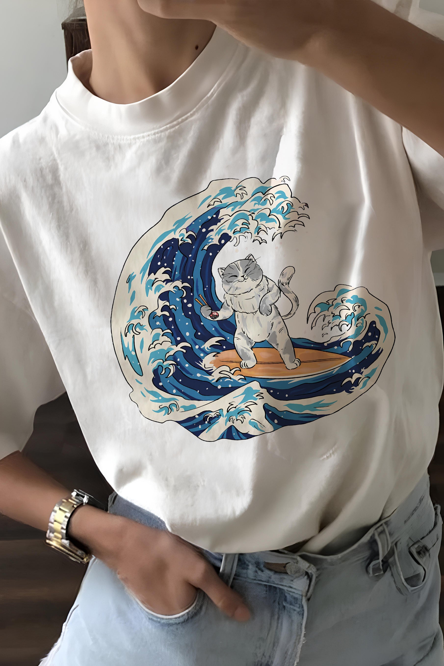 Surfer Cat  The Great Wave Tee For Women