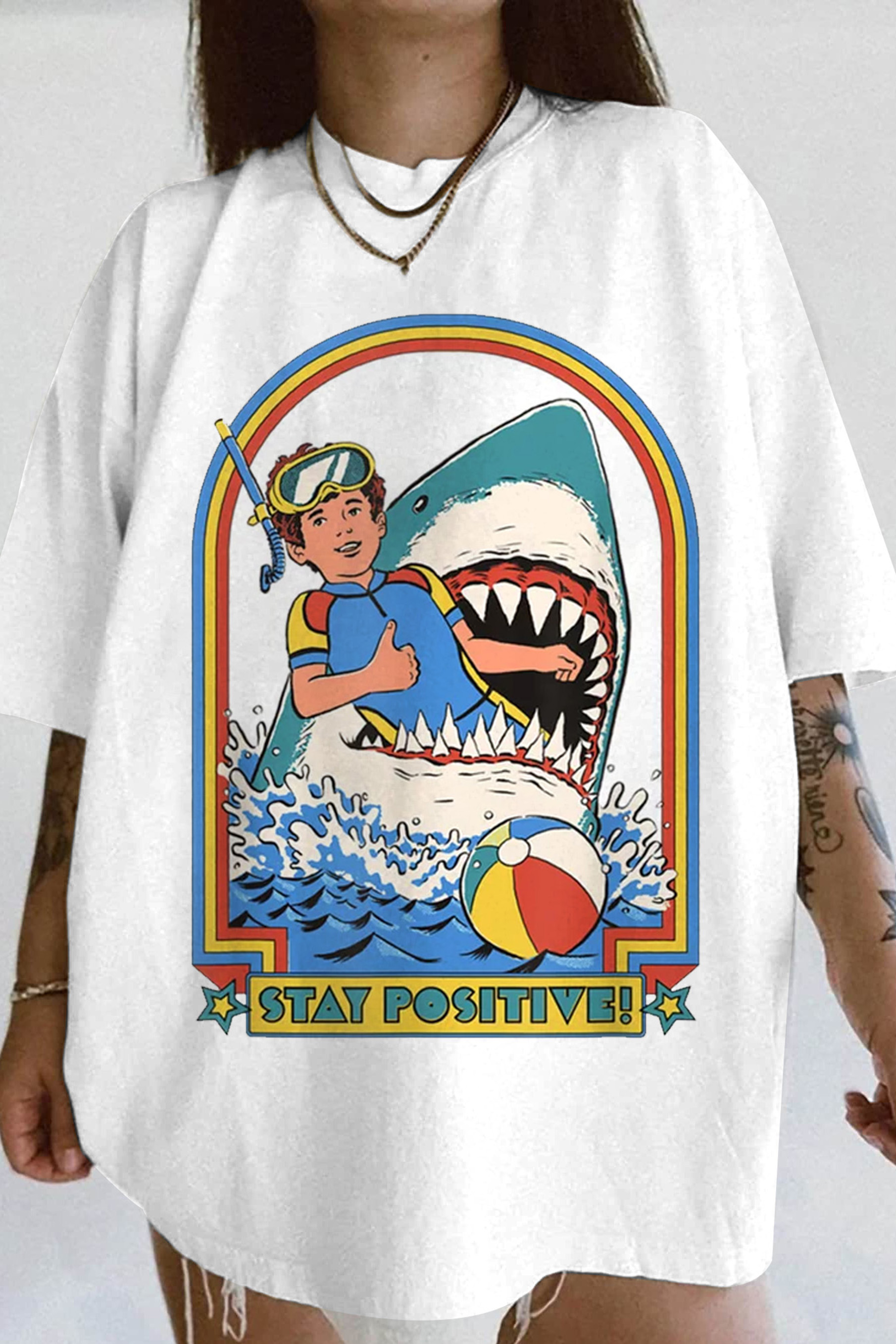 Stay Positive Shark Attack Comic Tee For Women