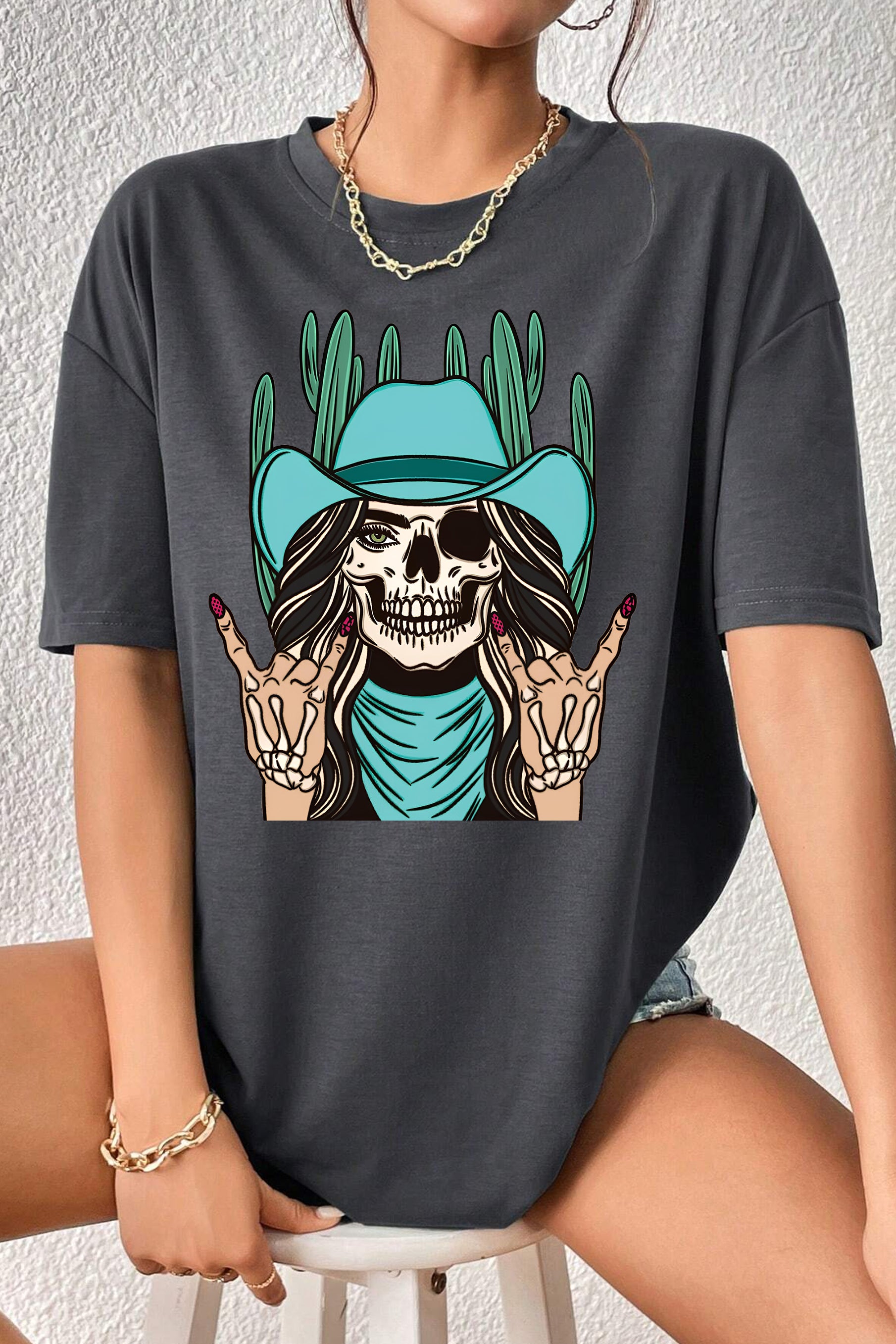 Skeleton Cowgirl Grunge Tee For Women