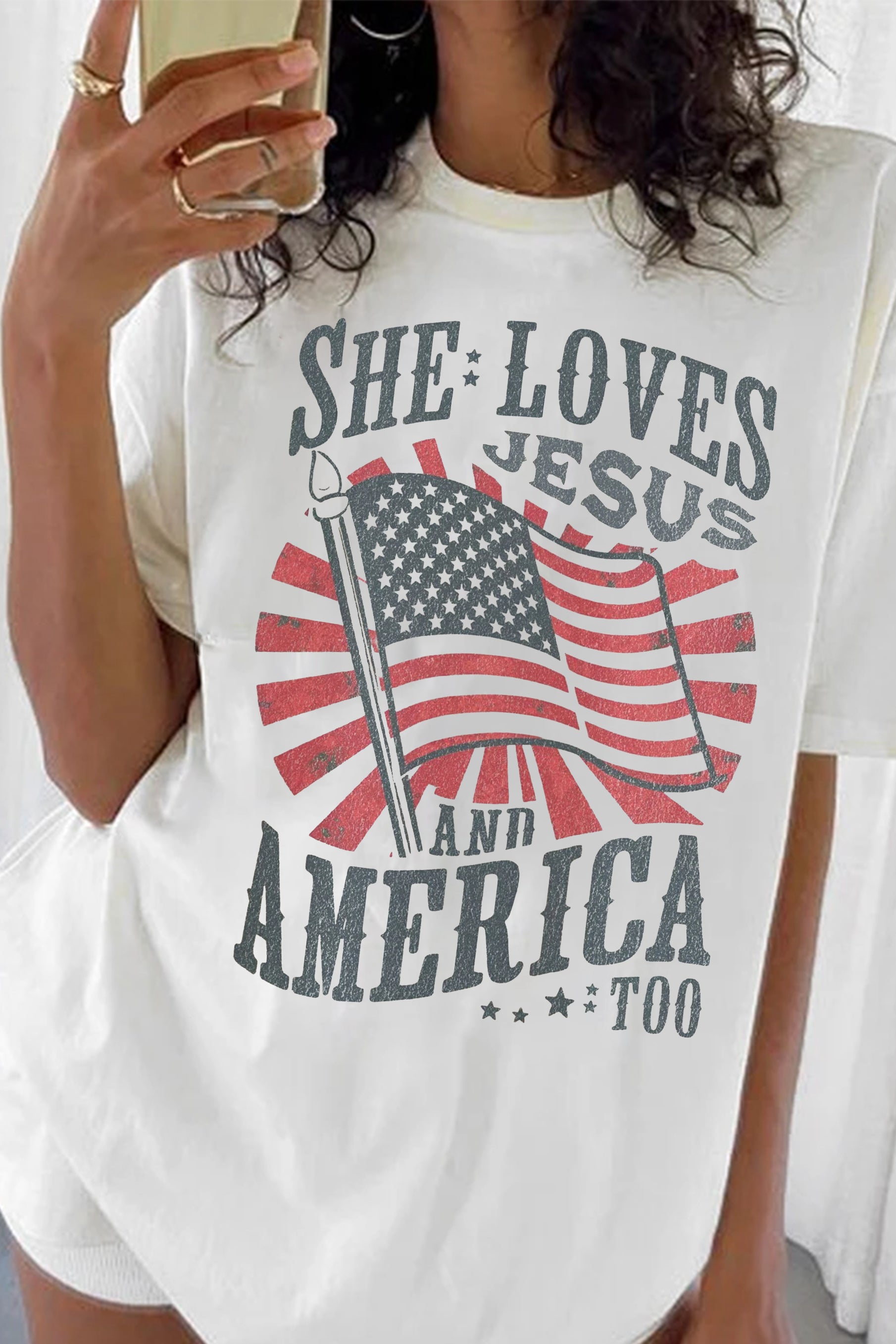New She Loves Jesus and America Too 4th of July Tee For Women