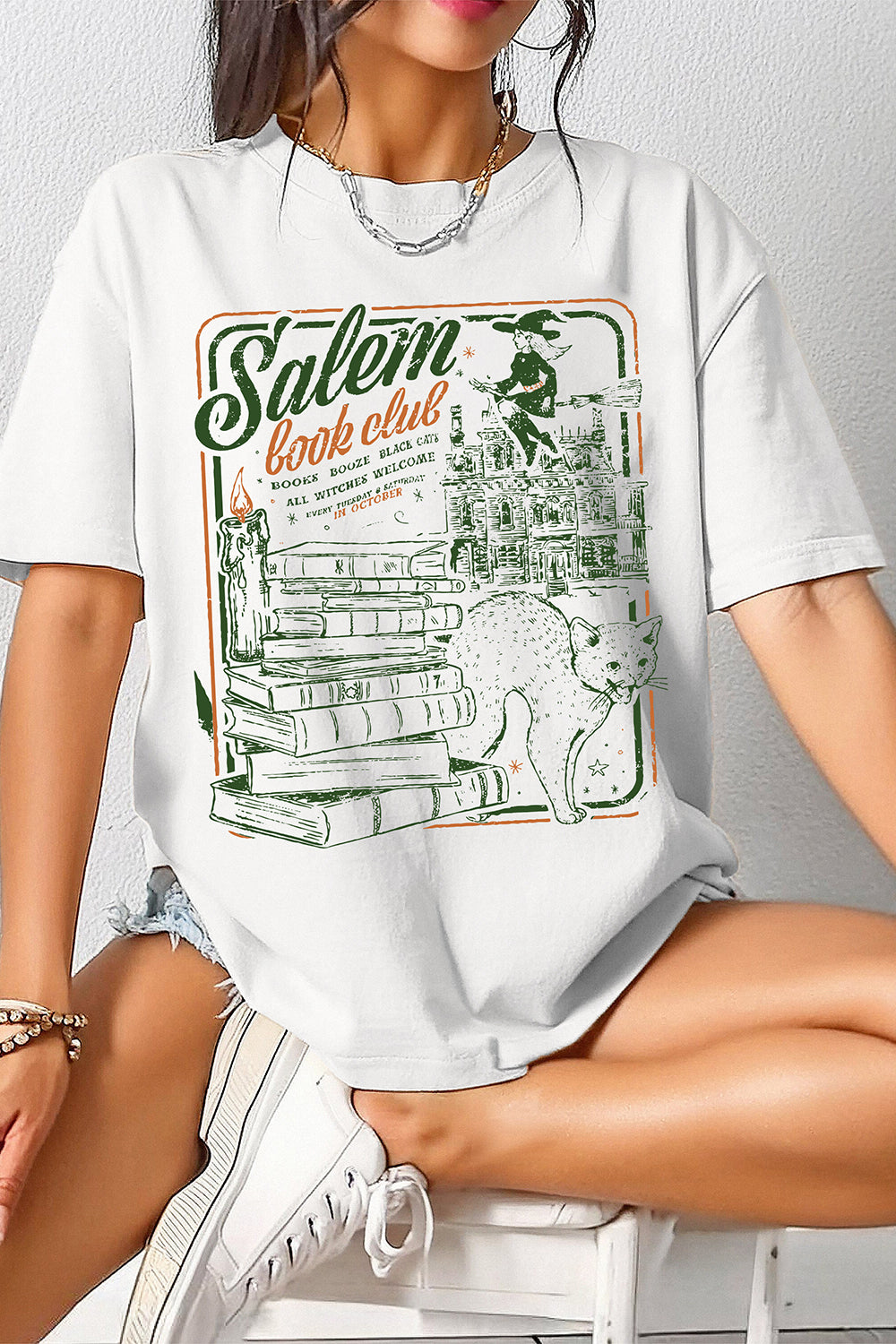 New Salem Book Club Spooky Season Ghost Skeleton Tee For Women