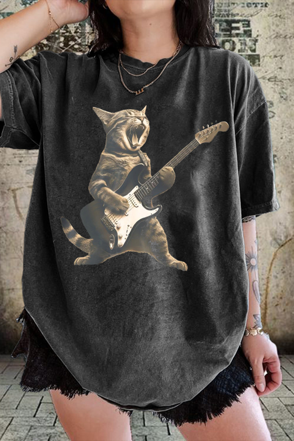 New Rock Cat Playing Guitar Vintage Tee For Women