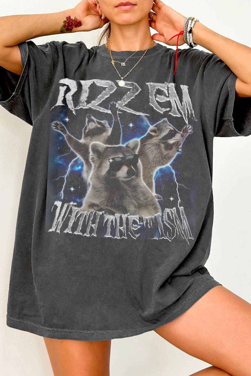 Rizz Em With The Tism Raccoon Vintage Graphic Tee For Women