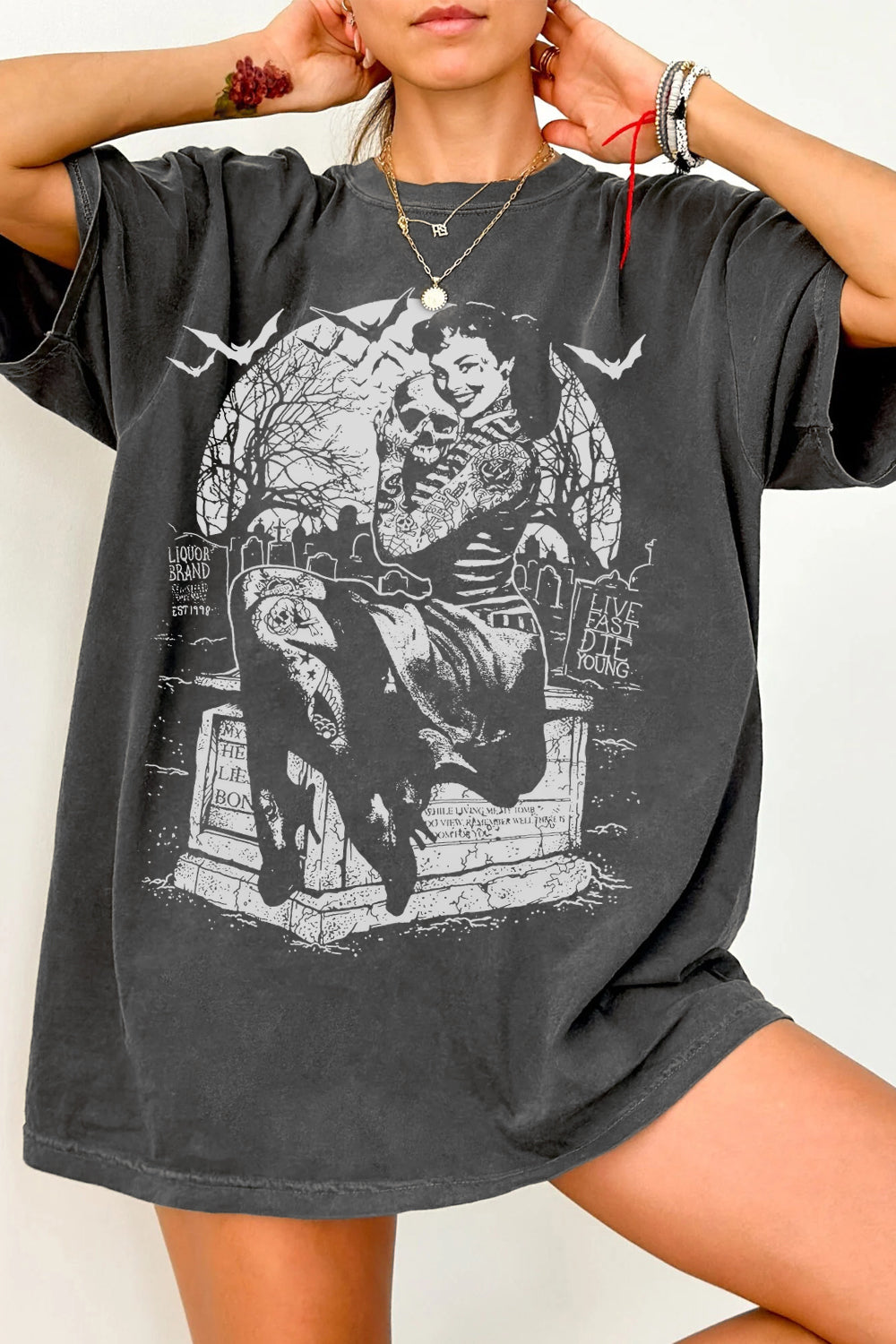 New Retro Tattooed Girl Graveyard Skull Punk Tee For Women