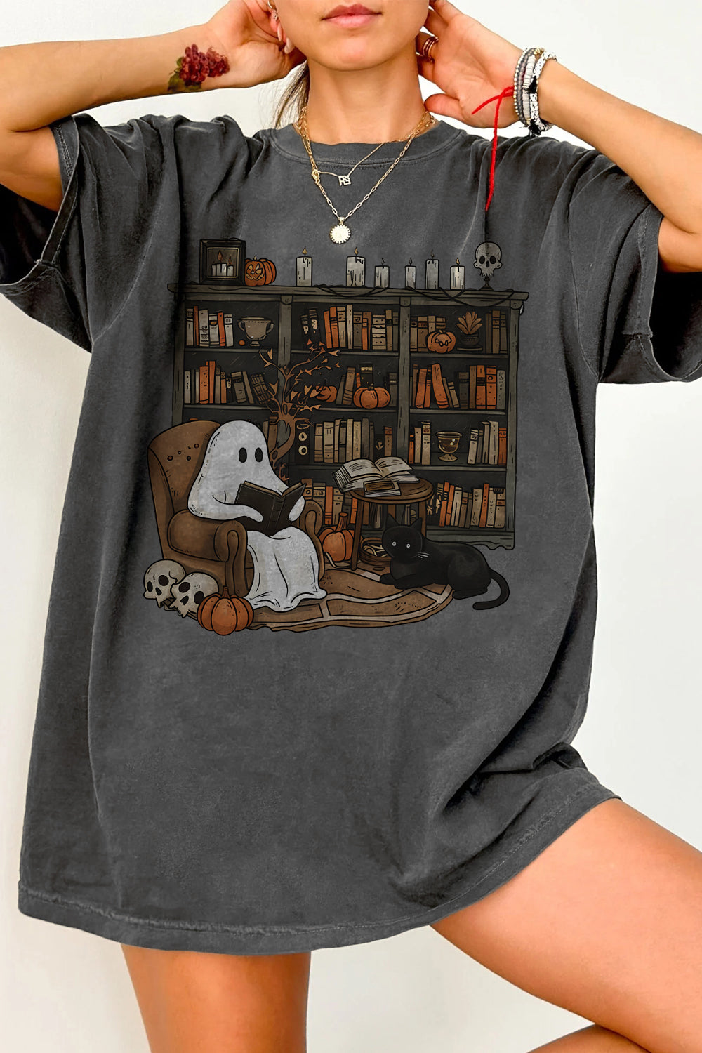 Retro Ghost Reading Books Tee For Women