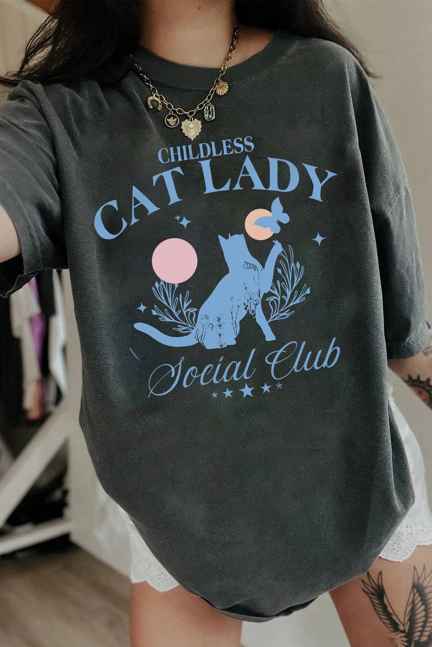 Petthouse Childless Cat Lady Flowers Cat Tee For Women