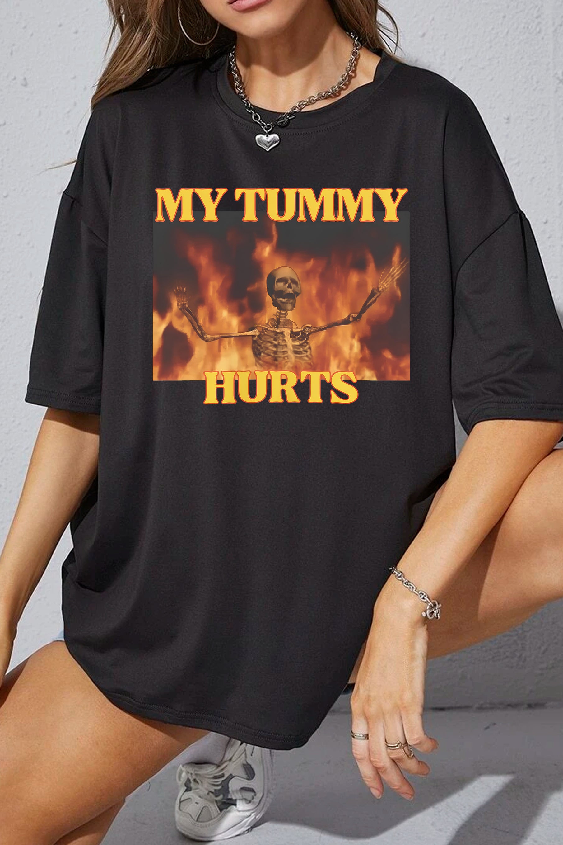 New My Tummy Hurts Funny Hard Skeleton Meme Tee For Women