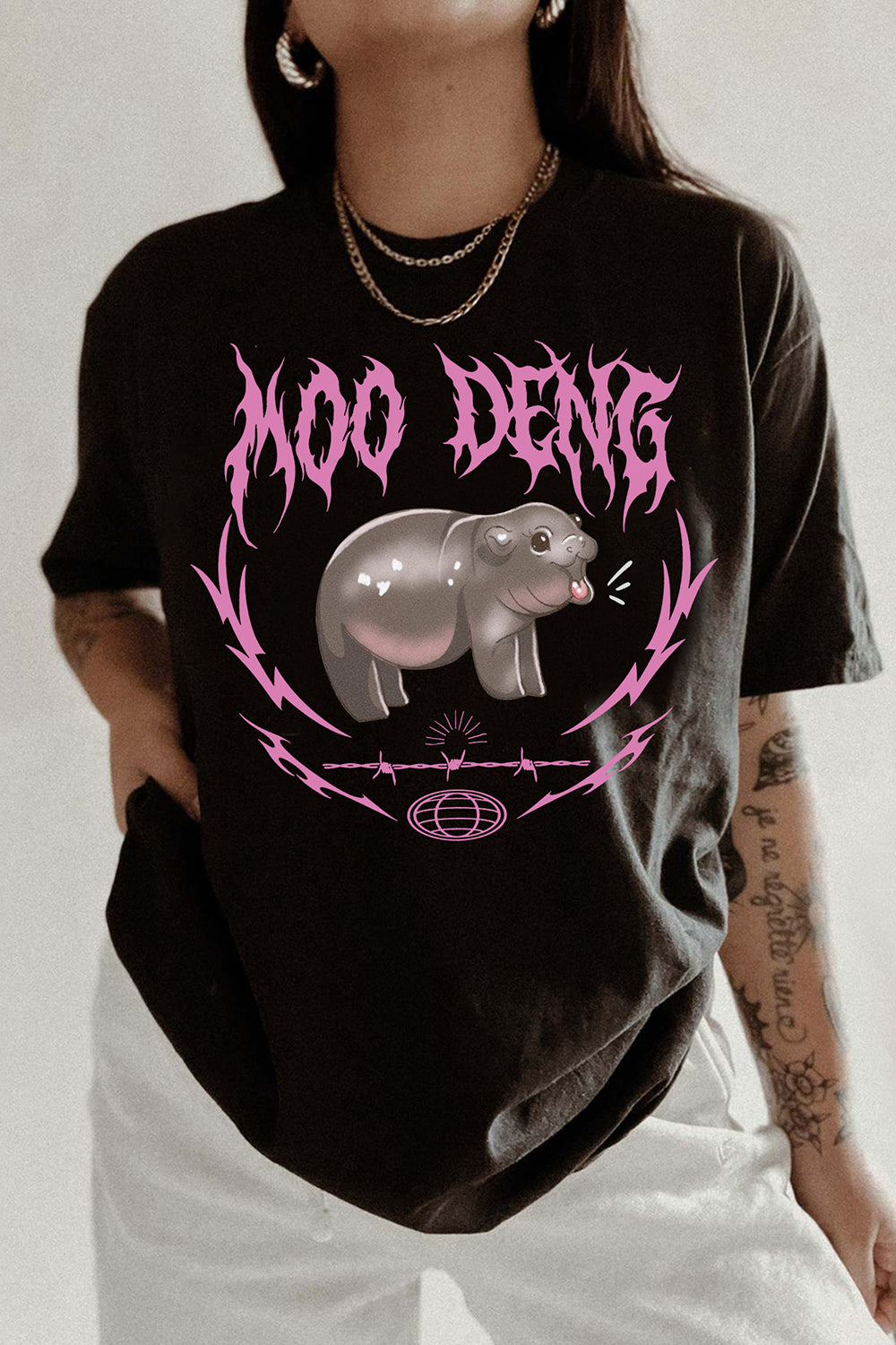 New Moo Deng Metal Cute Baby Hippo Tee For Women