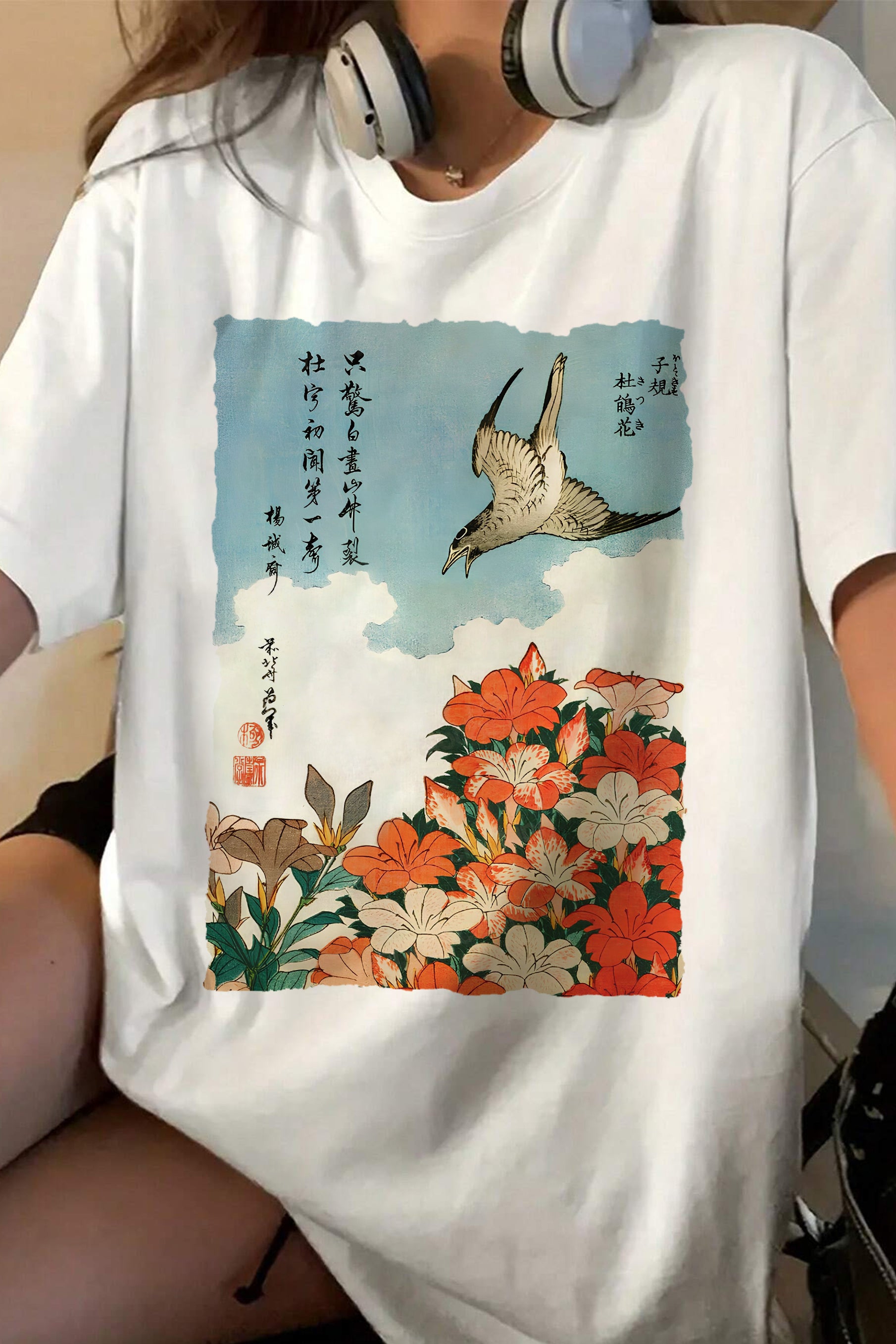 New Katsushika Hokusai Cuckoo & Azaleas Painting Tee For Women