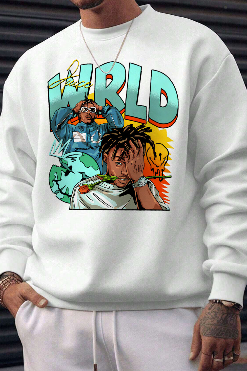 New Juice Wrld Smiley Graphic Fleece Sweatshirt For Men