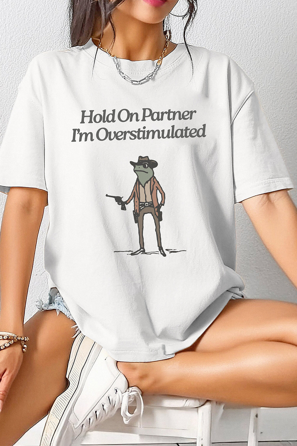 New Hold On Im Overstimulated Cowboy Frog Tee For Women
