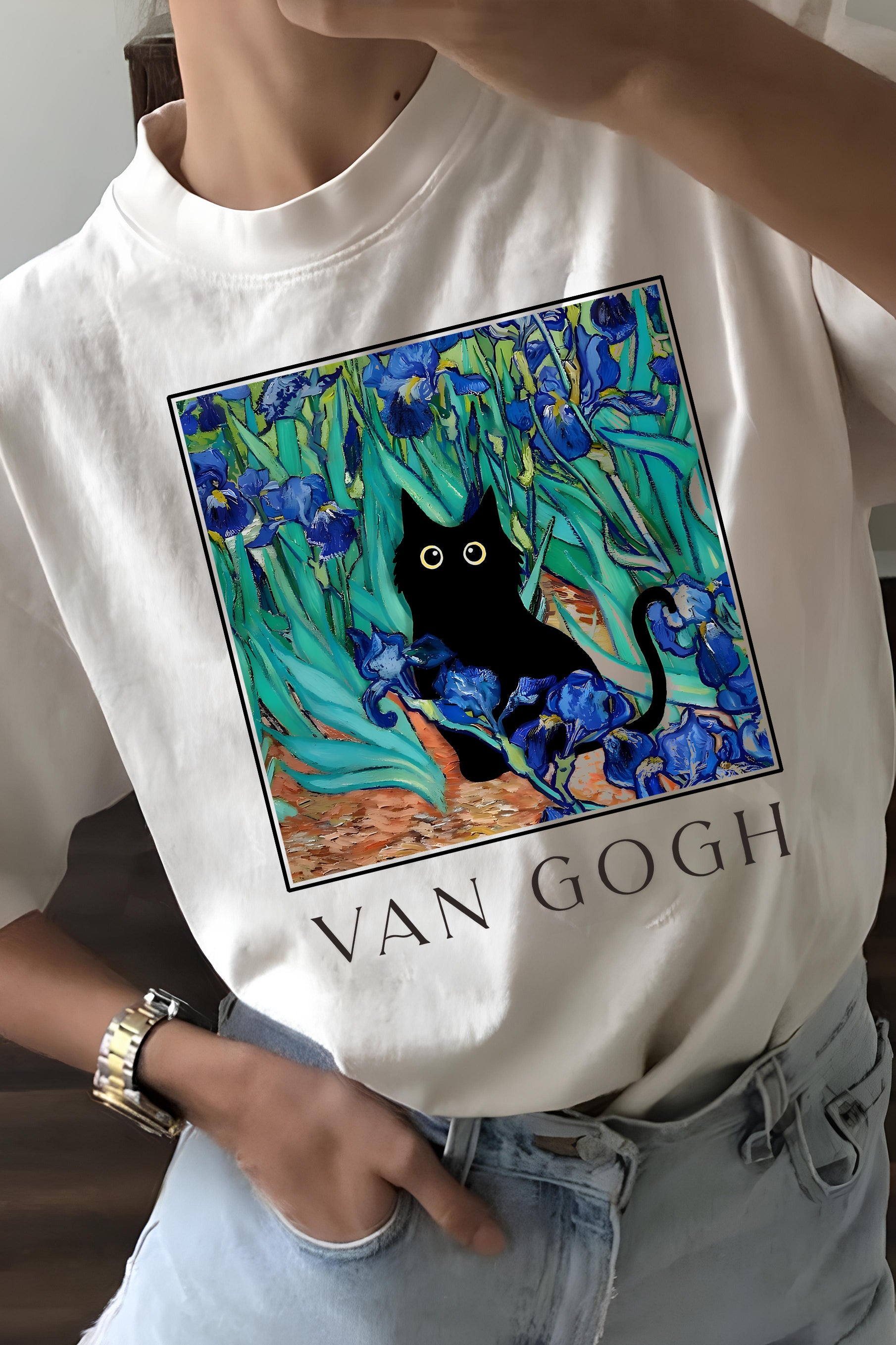 New Funny Van Gogh Cat Tee For Women
