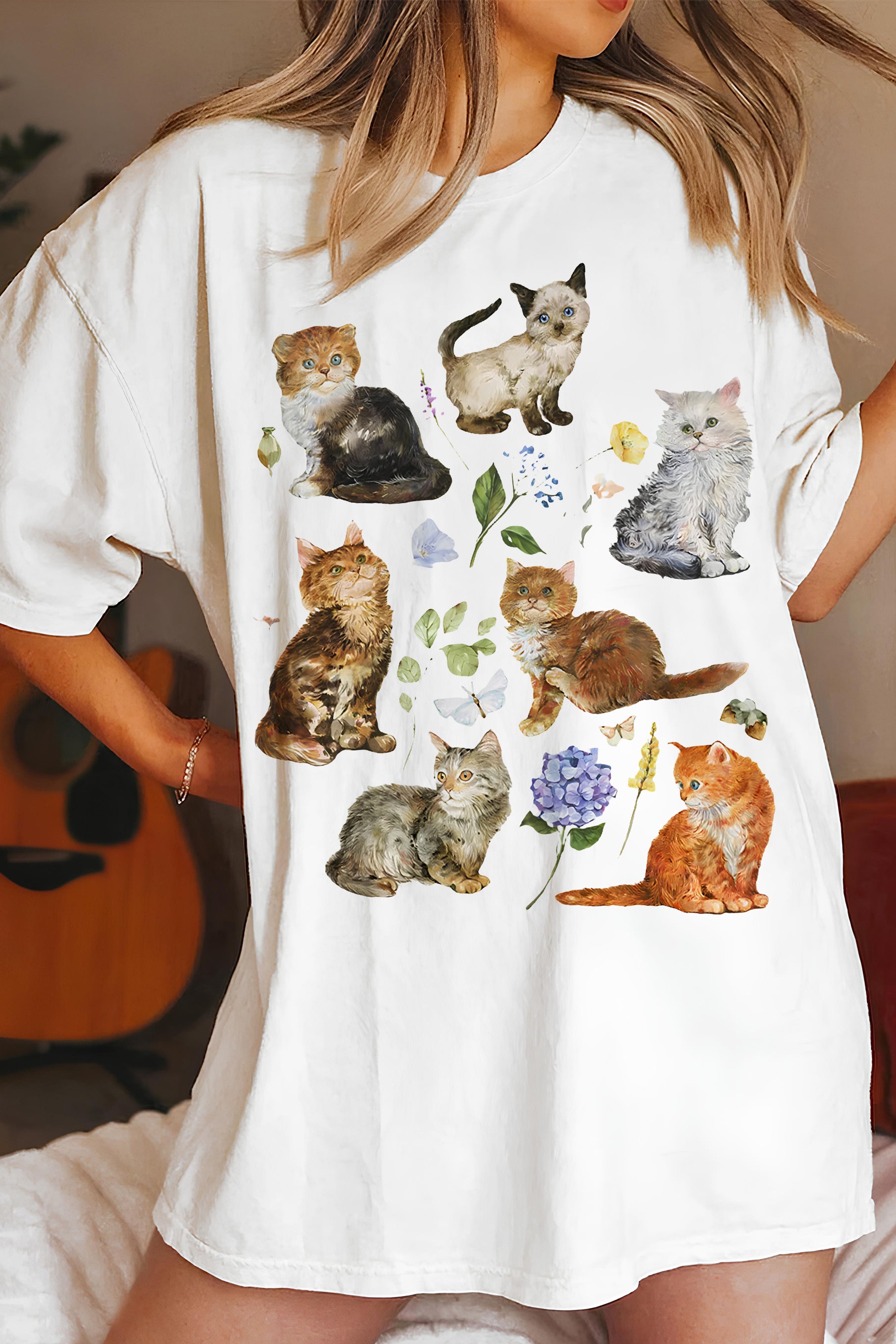 New Floral Vintage Cats Tee For Women