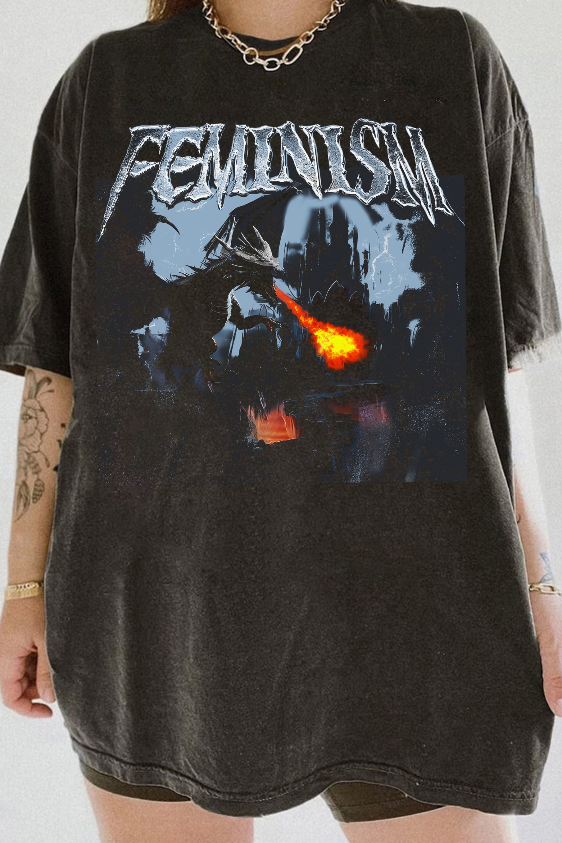 Feminism Dragon Fantasy Vintage Graphic Tee For Women
