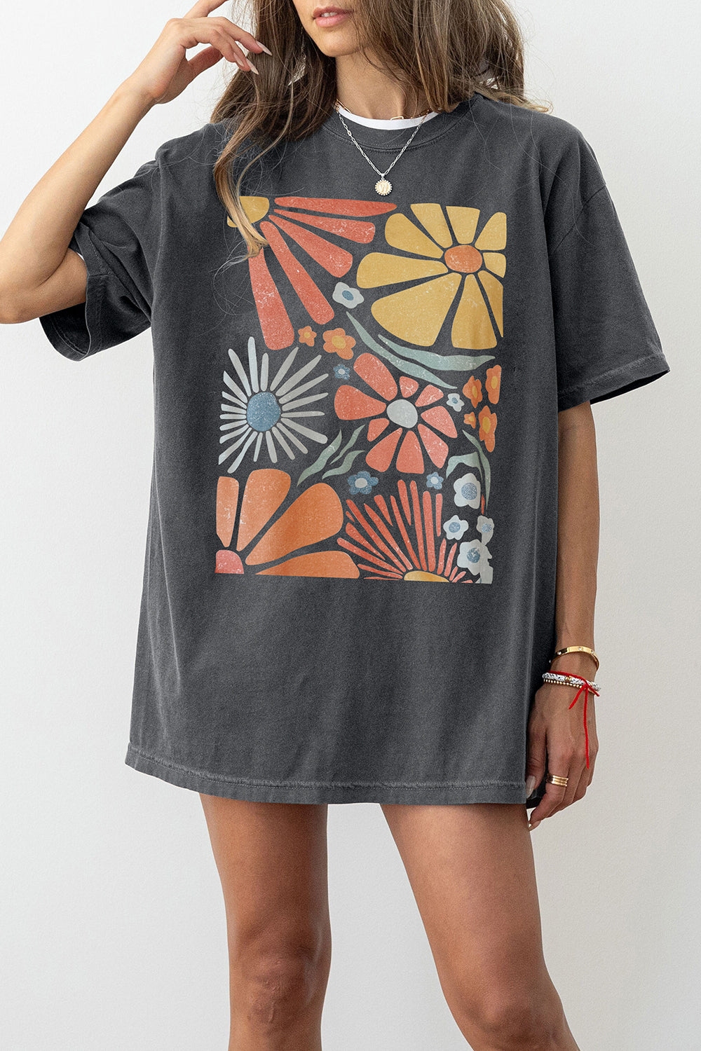 Colorful Retro Flowers Tee For Women