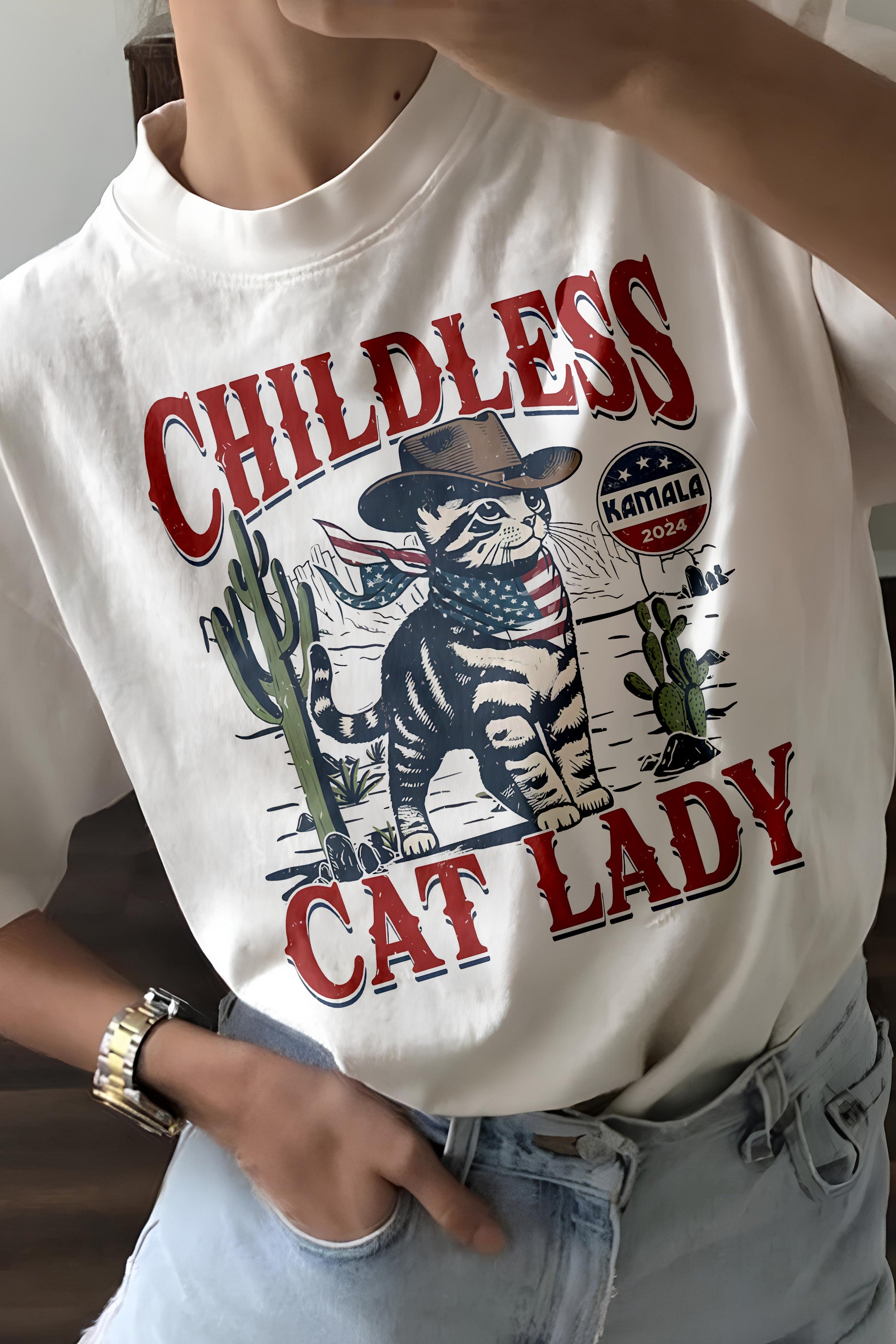 New CHILDFREE CAT LADY Western Cowboy Cat Tee For Women