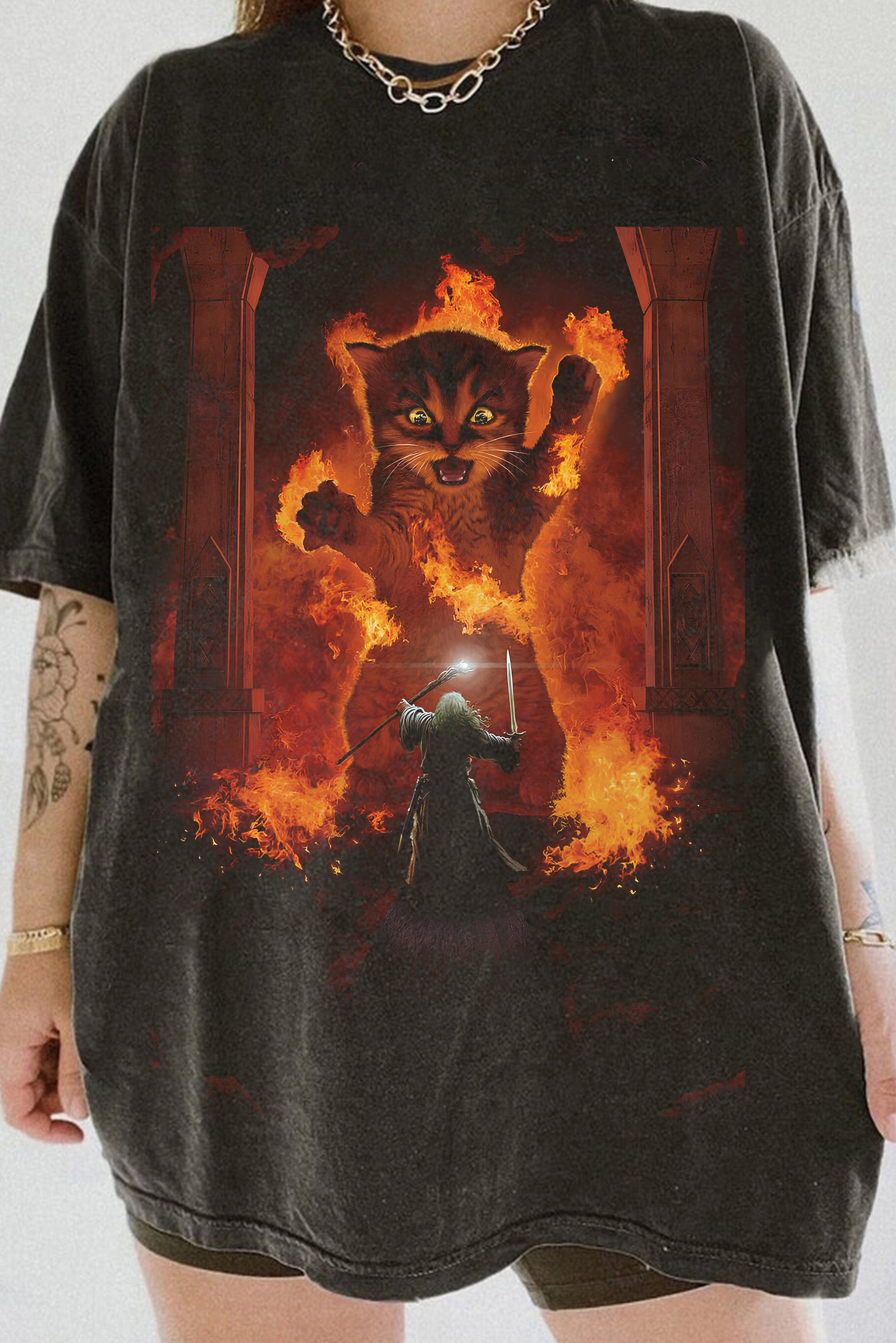 New Cats Kittens Kitty You Shall Not Pass Fire Flames Gandalf Catdalf Frodo Lord of the Rings Tee For Women