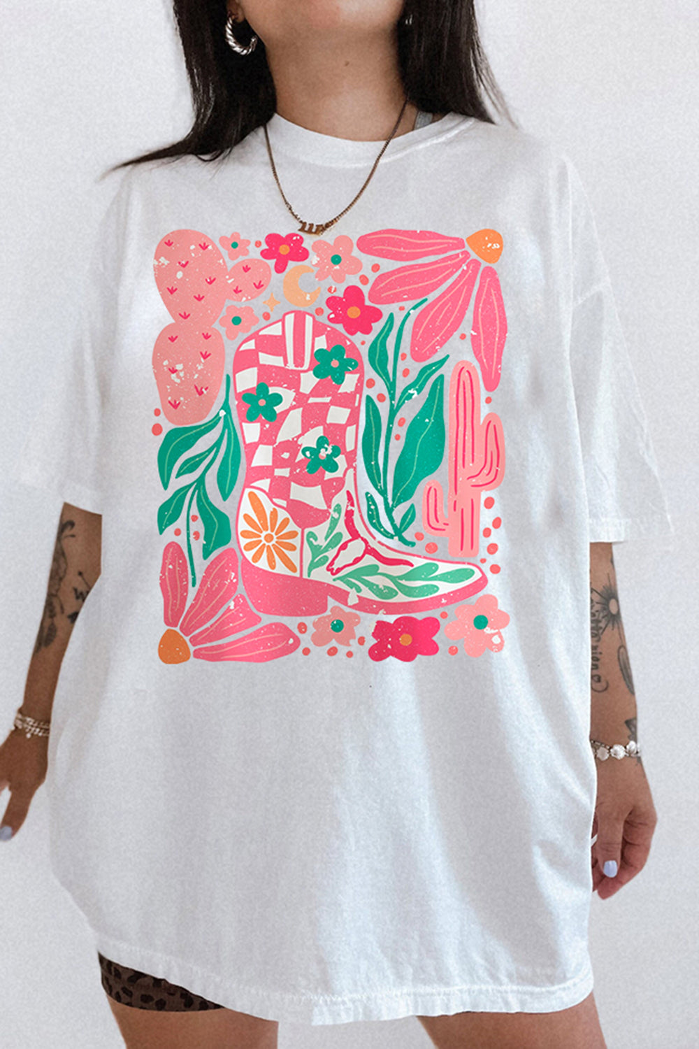 New Boho Cowgirl Boot And Flowers Tee For Women