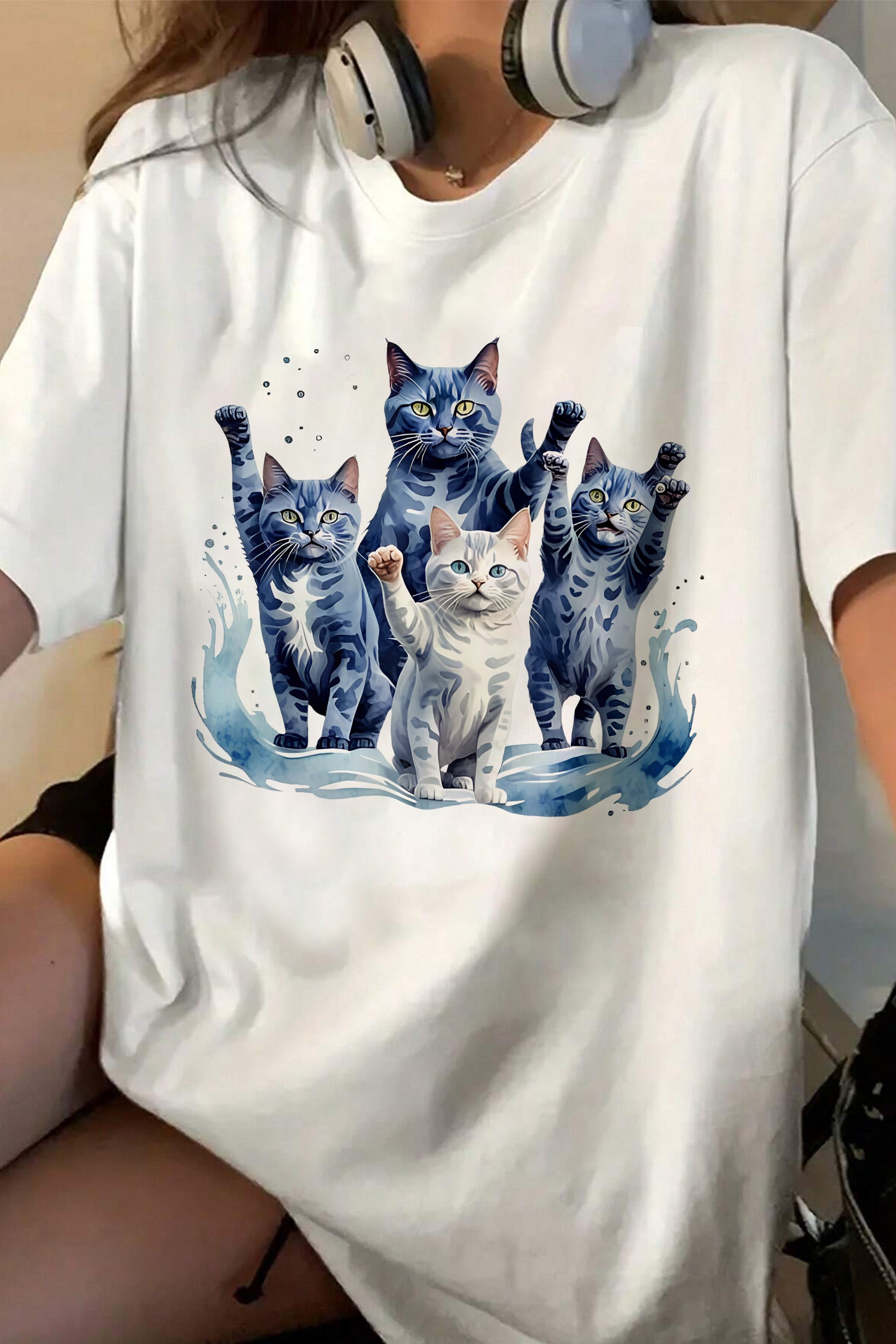 New Blue Cats Wave Funny for Cat Tee For Women