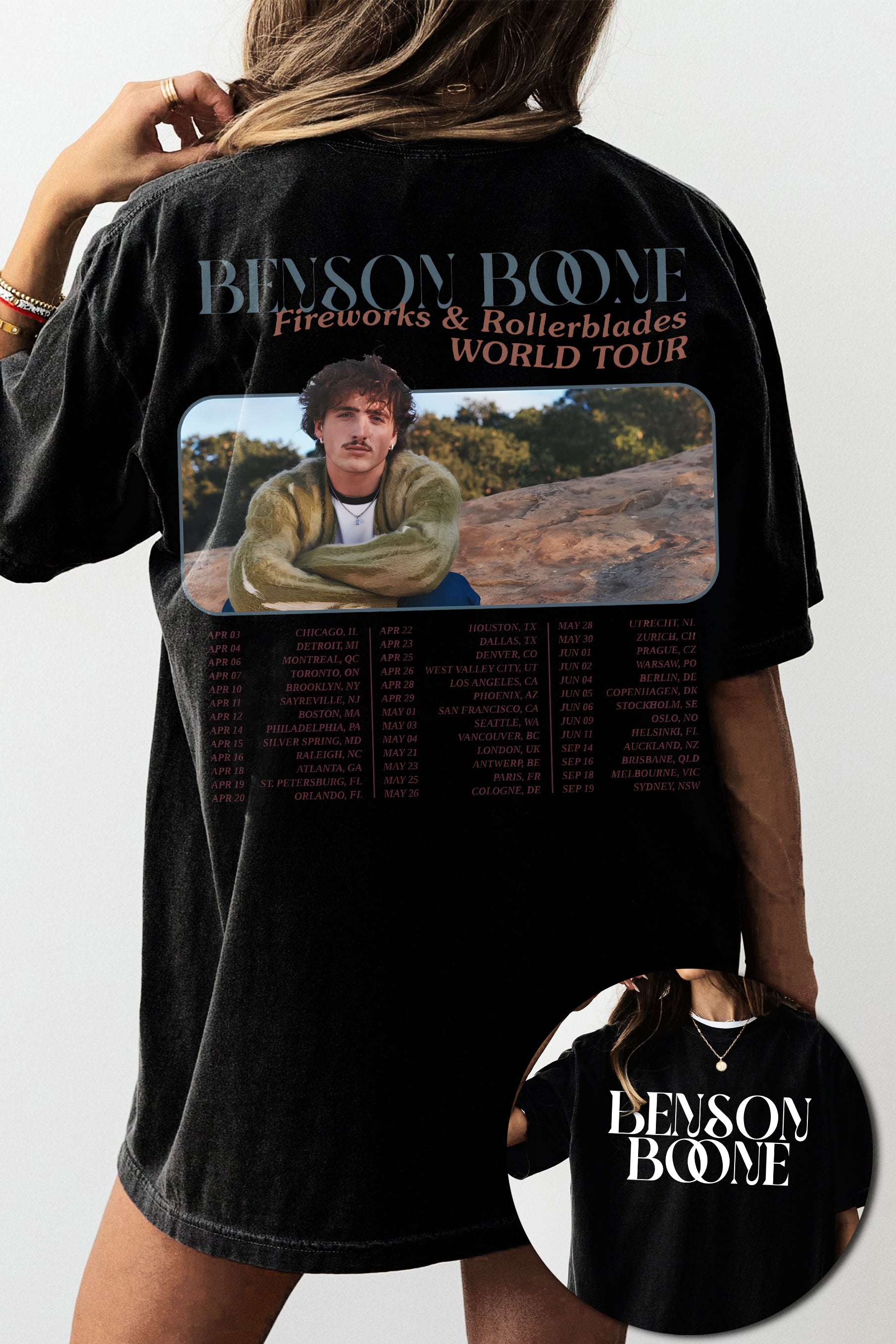 New Benson Boone Fireworks and Rollerblades World Tour Tee For Women