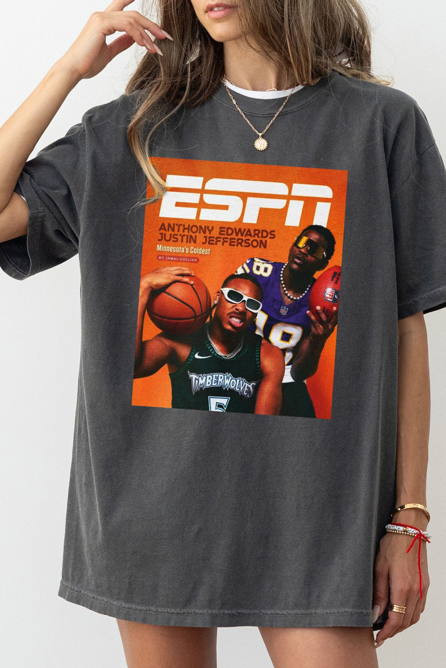 New Anthony Edwards Justin Jefferson Minnesota Timberwolves Vikings ESPN Tee For Women