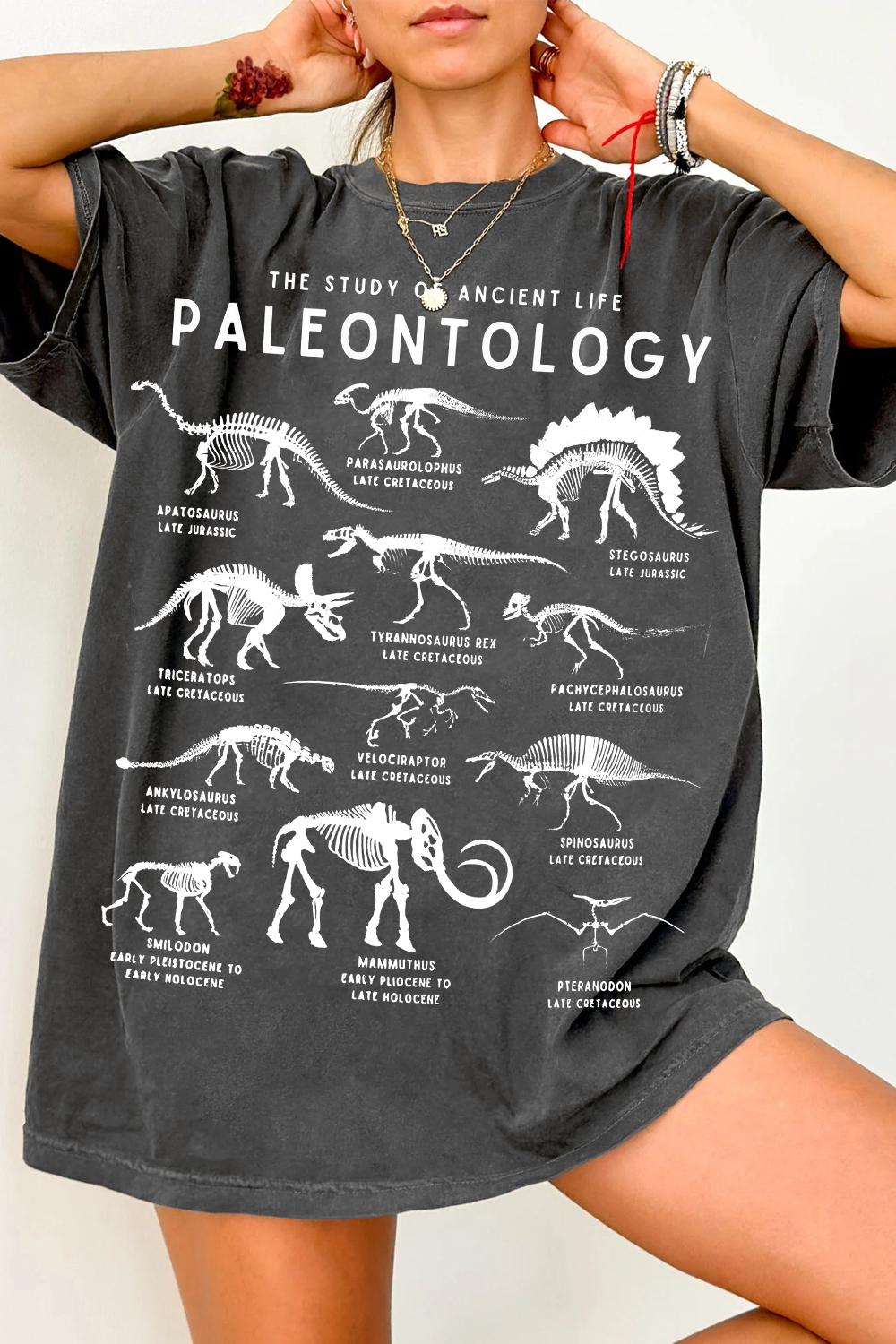 New Vintage Paleontology Dinosaur Species Skeleton Tee For Women