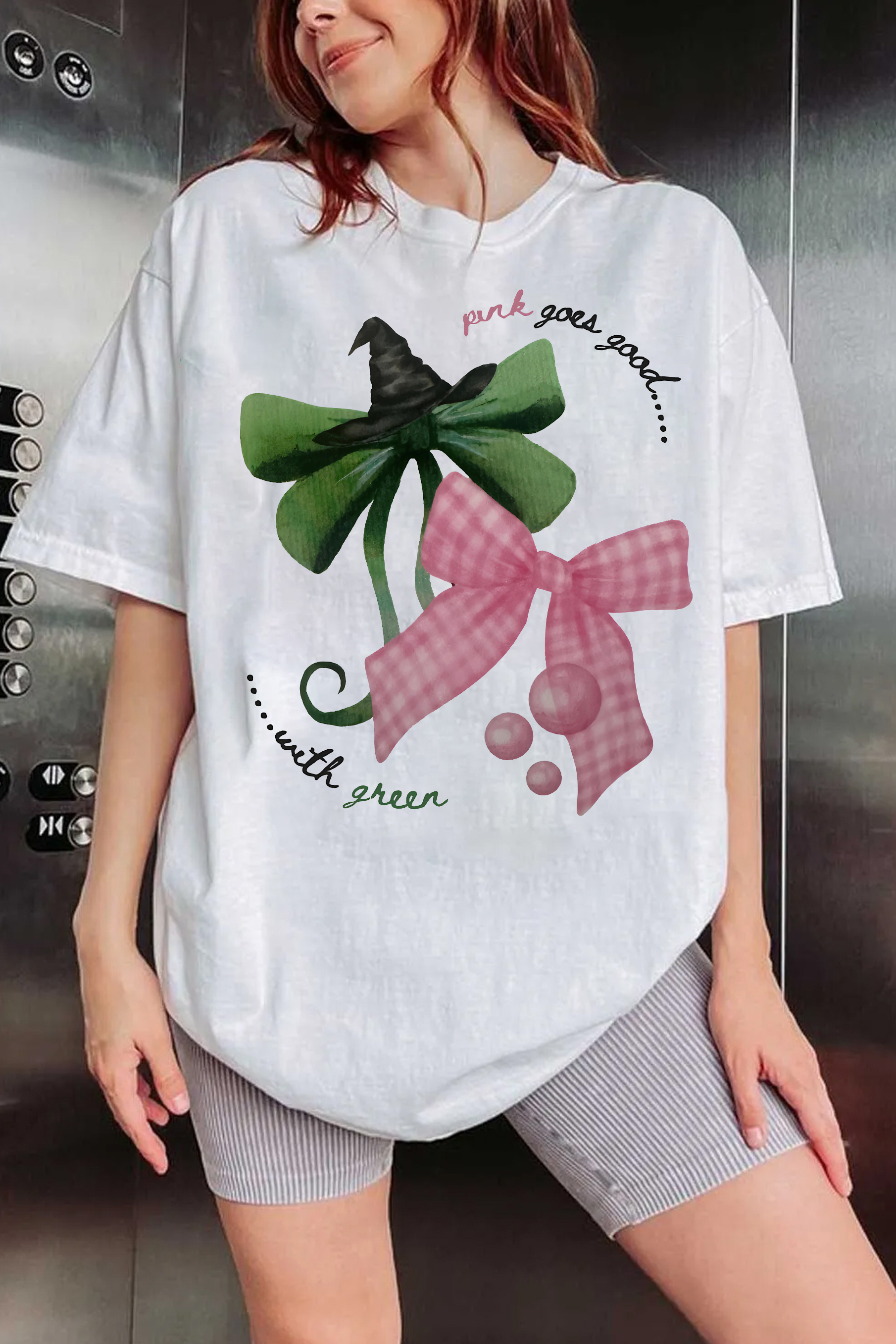 New Wicked Witch And Princess Pink & Green Bow Tee For Women