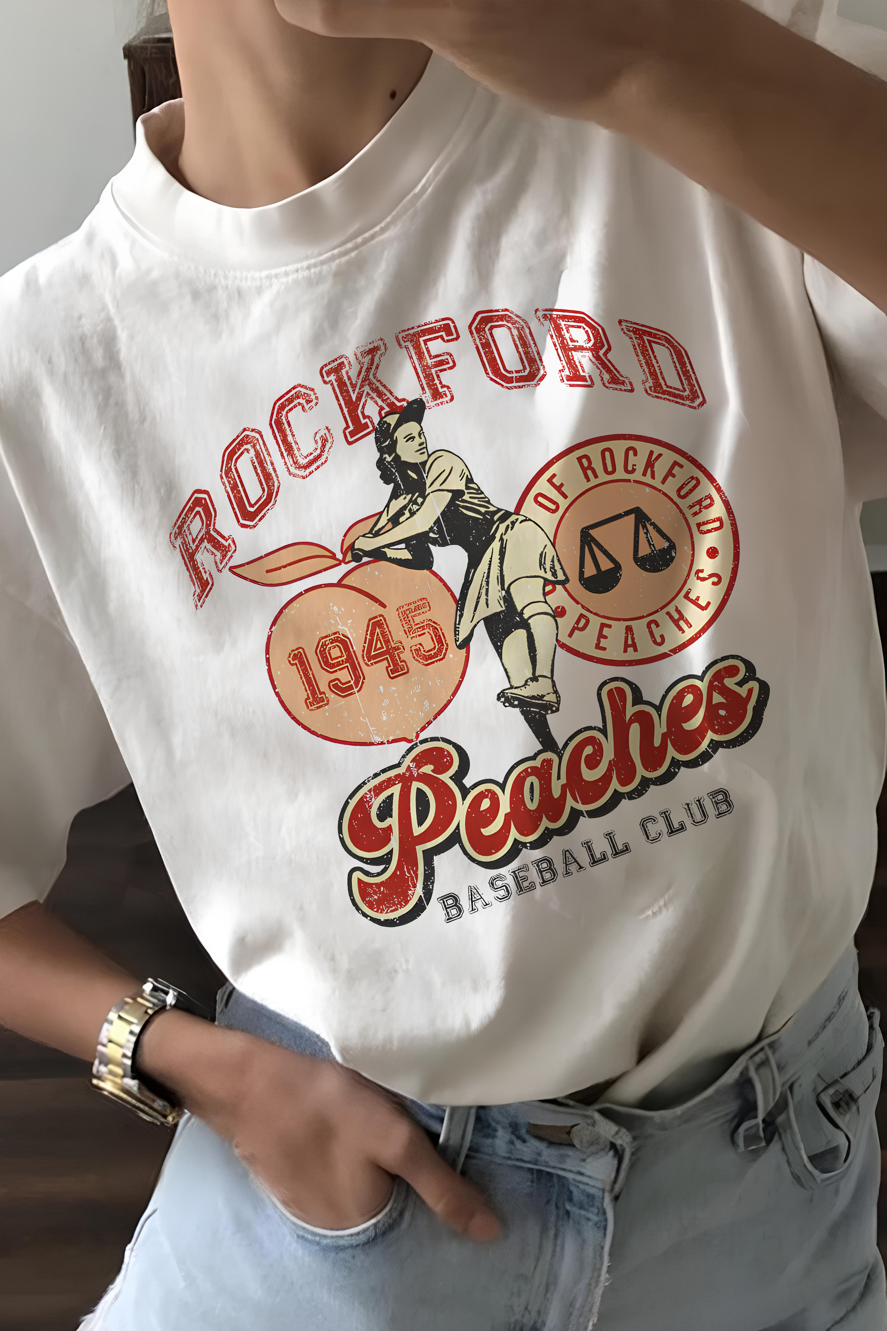 New Vintage Rockford Peaches Baseball Tee For Women