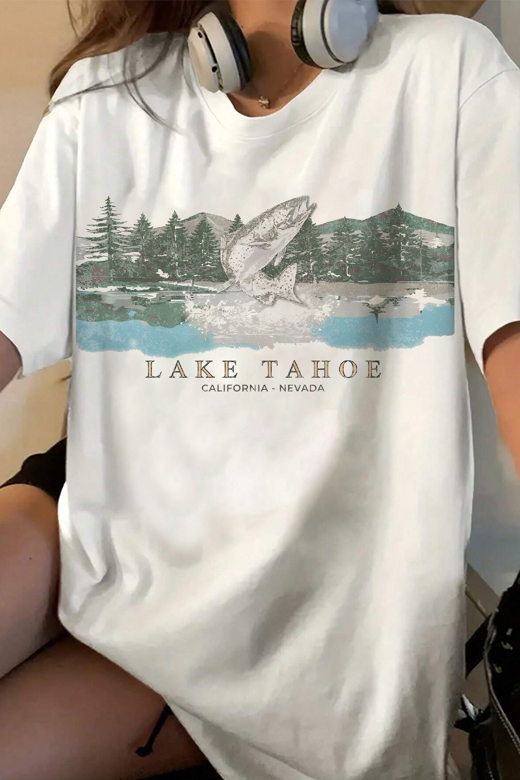 New Vintage Lake Tahoe Fish Tee For Women