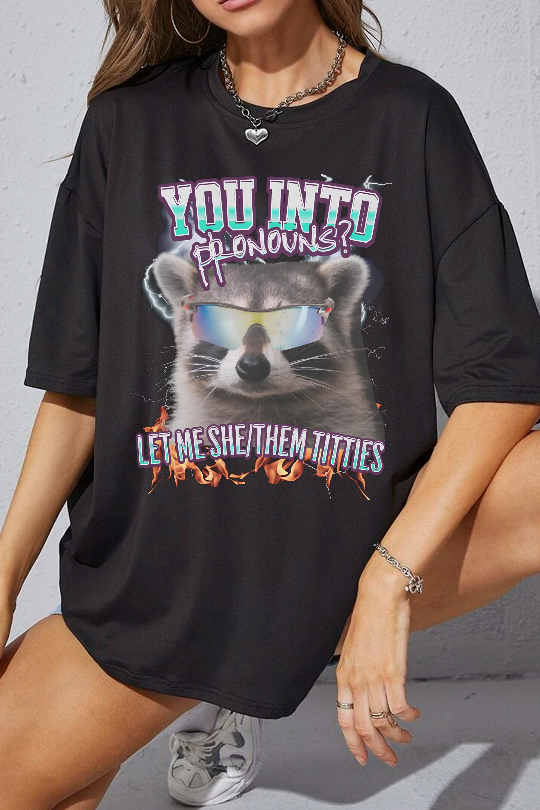New T-Shirt Stylish Pronouns Merch, Shirt Stylish Pronouns Raccoon For Women