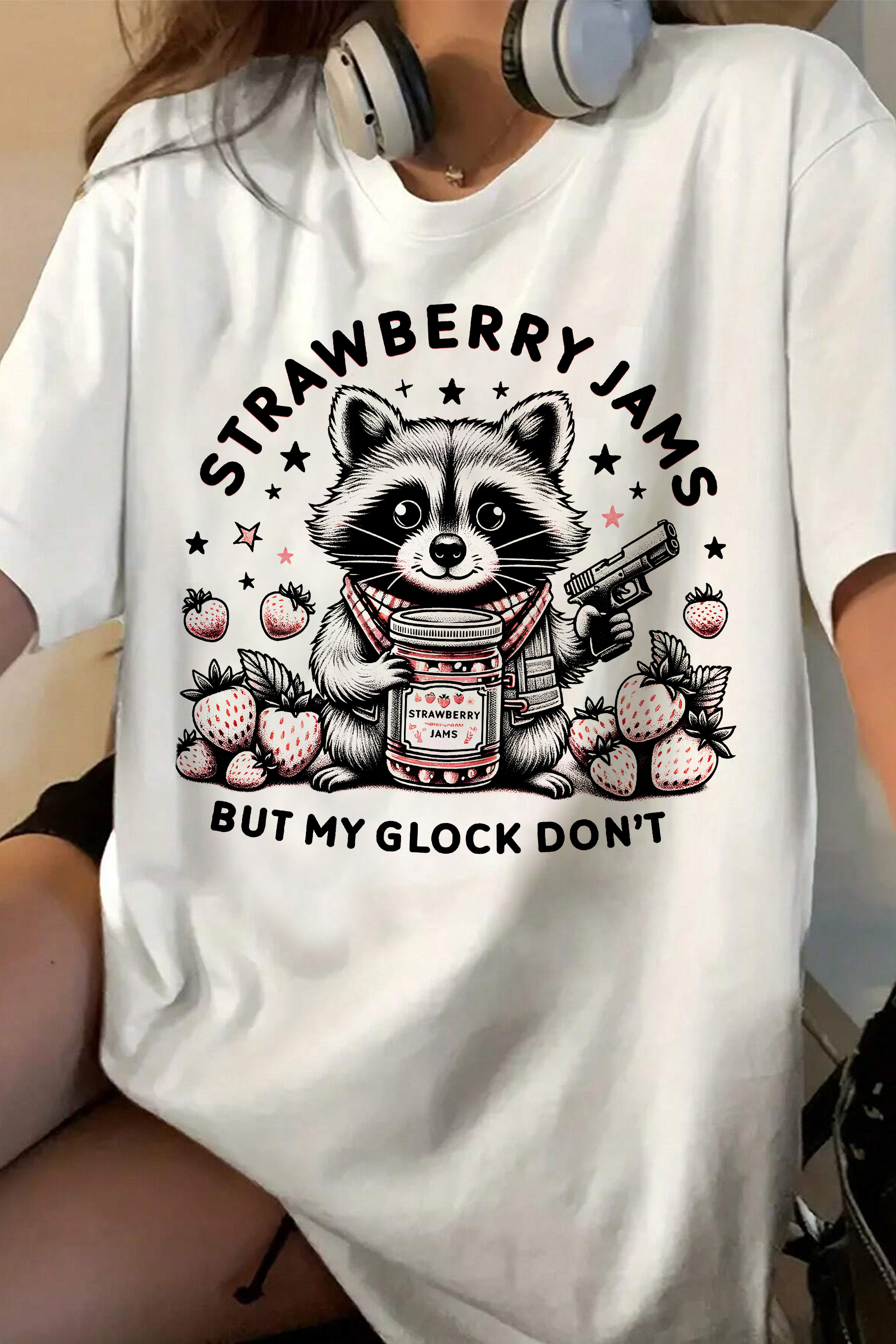 New T-Shirt Strawberry Jams Merch, Shirt Strawberry Jams But My Glock Don’T Raccoon For Women