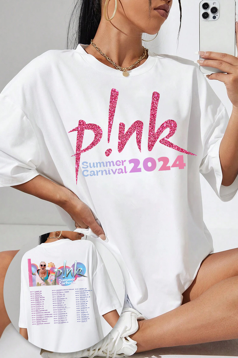 T-Shirt P!Nk Pink Merch, Shirt P!Nk Pink Singer Summer Carnival 2024 Tour For Women