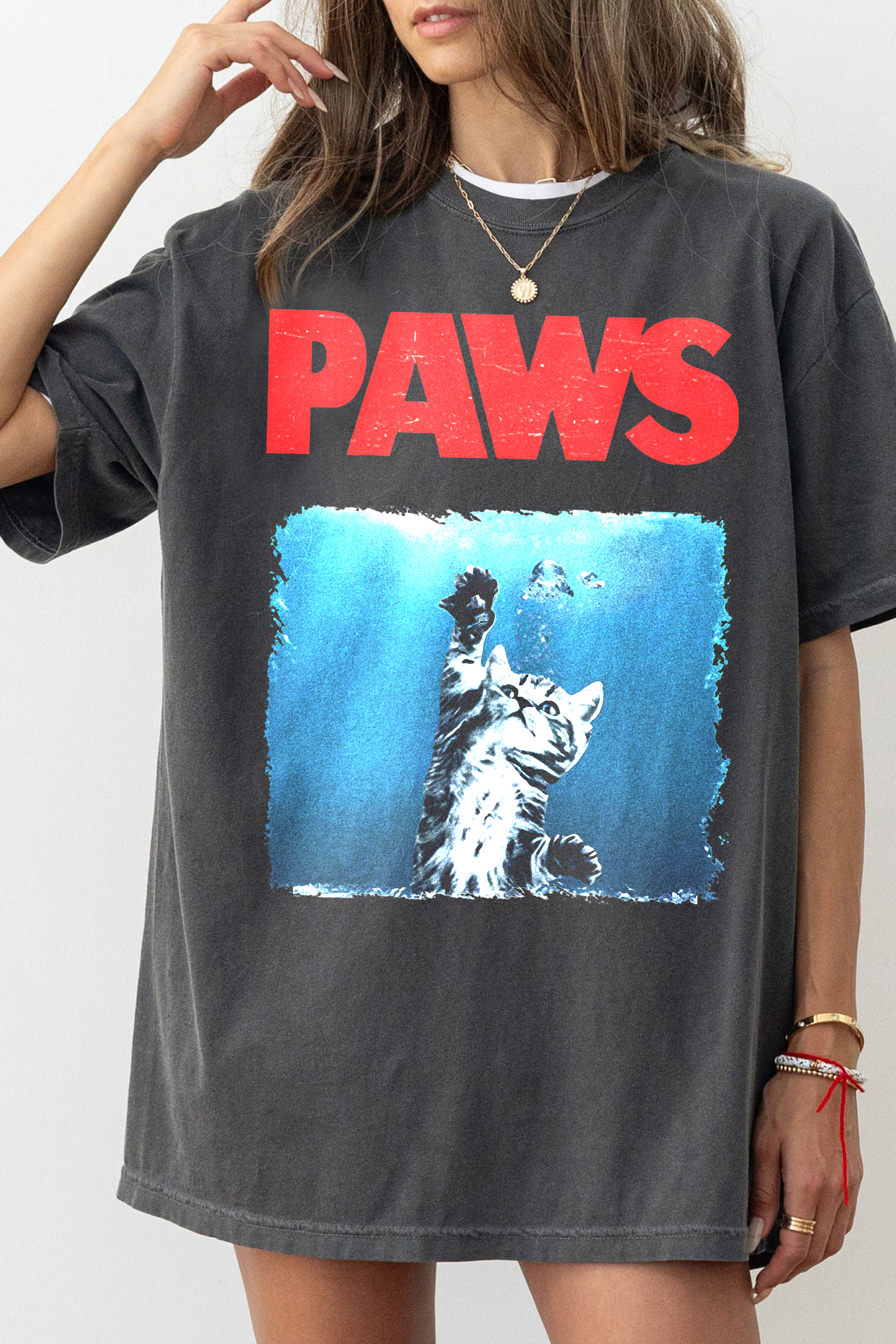 New T-Shirt Paws Kitten Merch, Shirt Paws Kitten Jaws Cute Cat Fun For Women