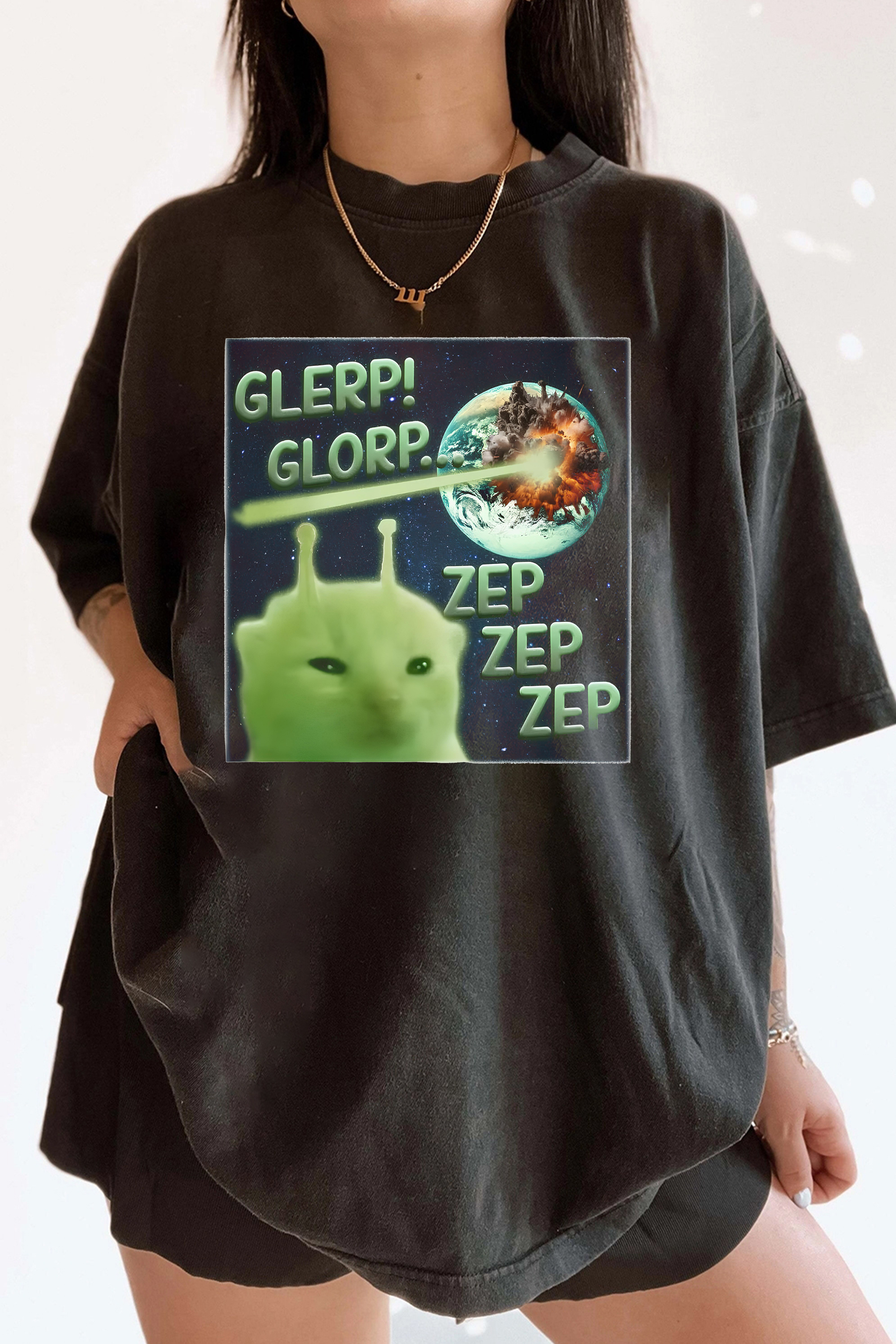 New T-Shirt Glerp Glorp Merch, Shirt Glerp Glorp Funny Alien Cat Cat Meme For Women