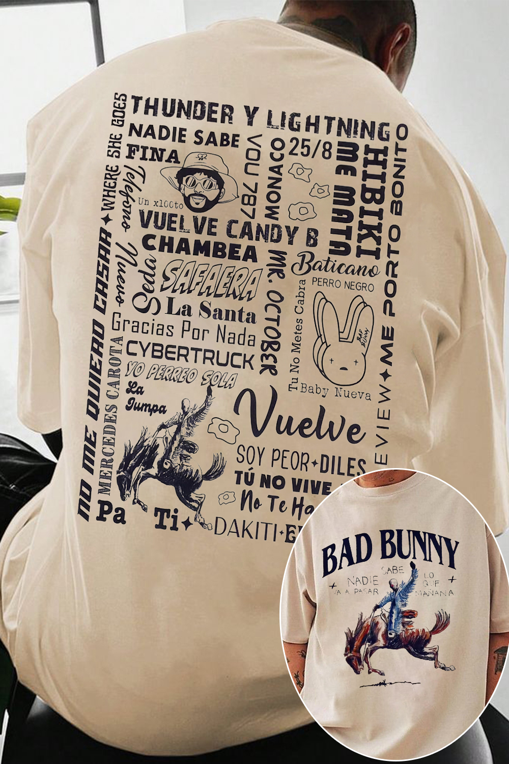 New T-Shirt Bad Bunny Merch, Shirt Bad Bunny Retro Song Short Sleeve