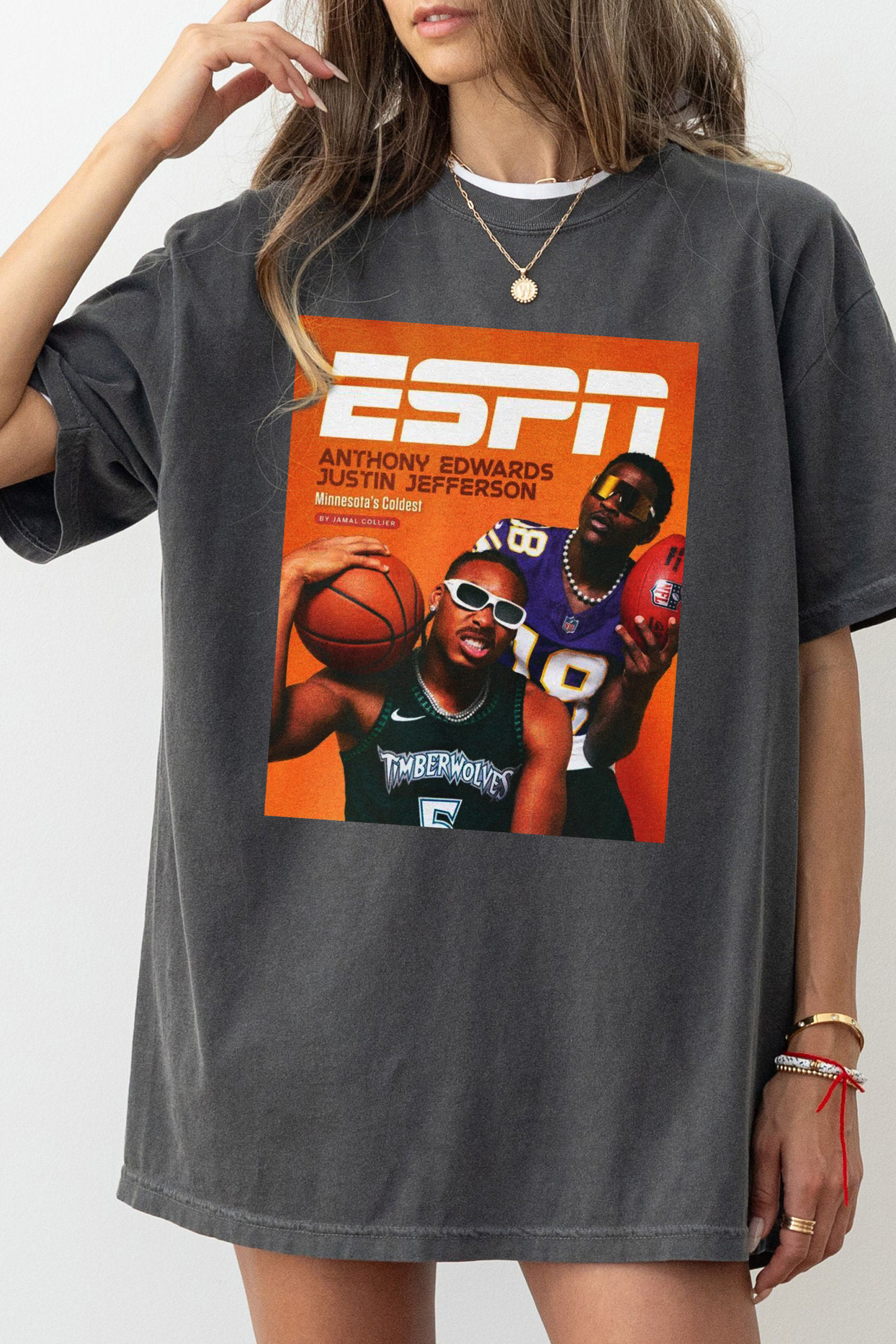 New T-Shirt Anthony Edwards Merch, Shirt Anthony Edwards Justin Jefferson Minnesota Timberwolves Vikings Espn For Women