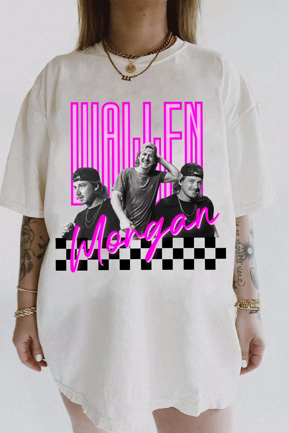 T-Shirt Western Checkered Merch, Shirt Western Checkered Neon Pink Morgan Wallen For Women
