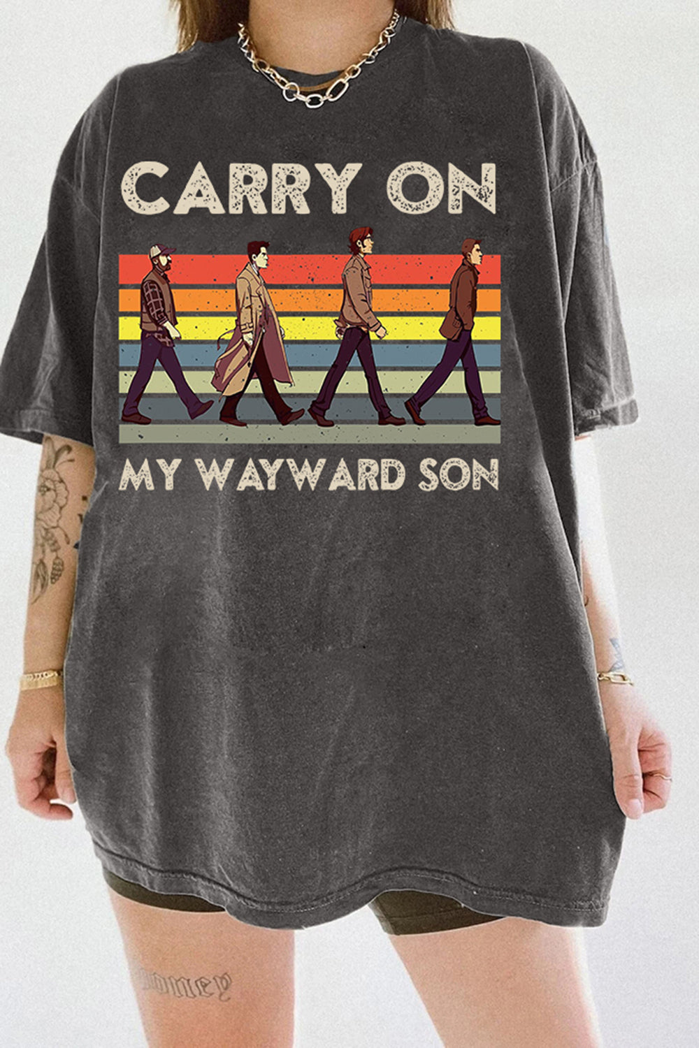 New T-Shirt Supernatural Carry Merch, Shirt Supernatural Carry On My Wayward Son Vintage Abbey Road For Women